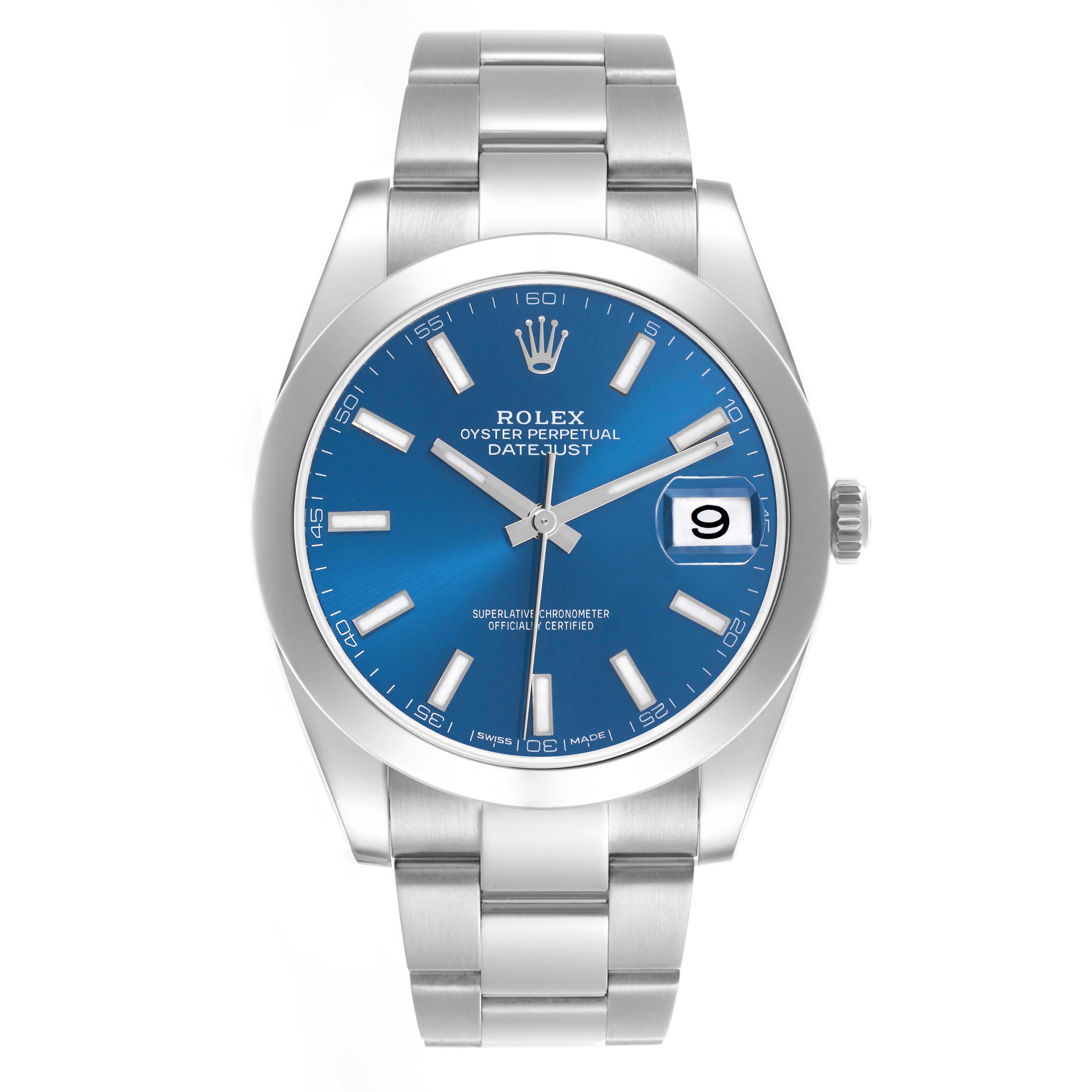 The Rolex Datejust 41 126300 Men's Stainless Steel Blue Dial 126300 Men's Stainless Steel Blue Dial is shown from the front, displaying its blue dial, hour markers, hands, date window, and bracelet.