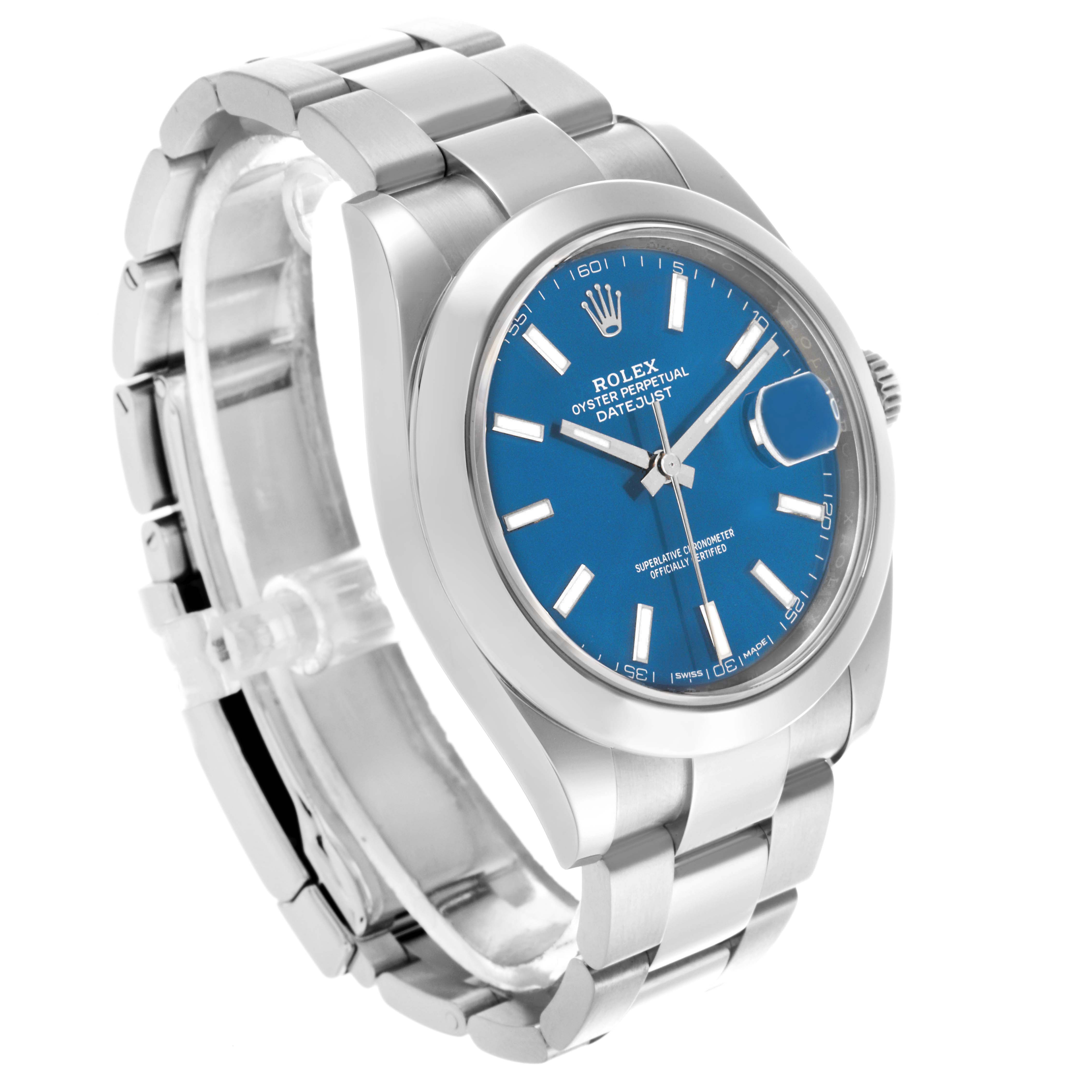 The Rolex Datejust 41 126300 Men's Stainless Steel Blue Dial 126300 Men's Stainless Steel Blue Dial is shown from a three-quarter angle, highlighting the blue dial, case, bracelet, and magnified date window.