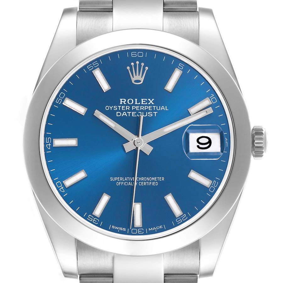 The Rolex Datejust 41 is shown front-facing, highlighting its blue dial, silver hour markers, and date window.