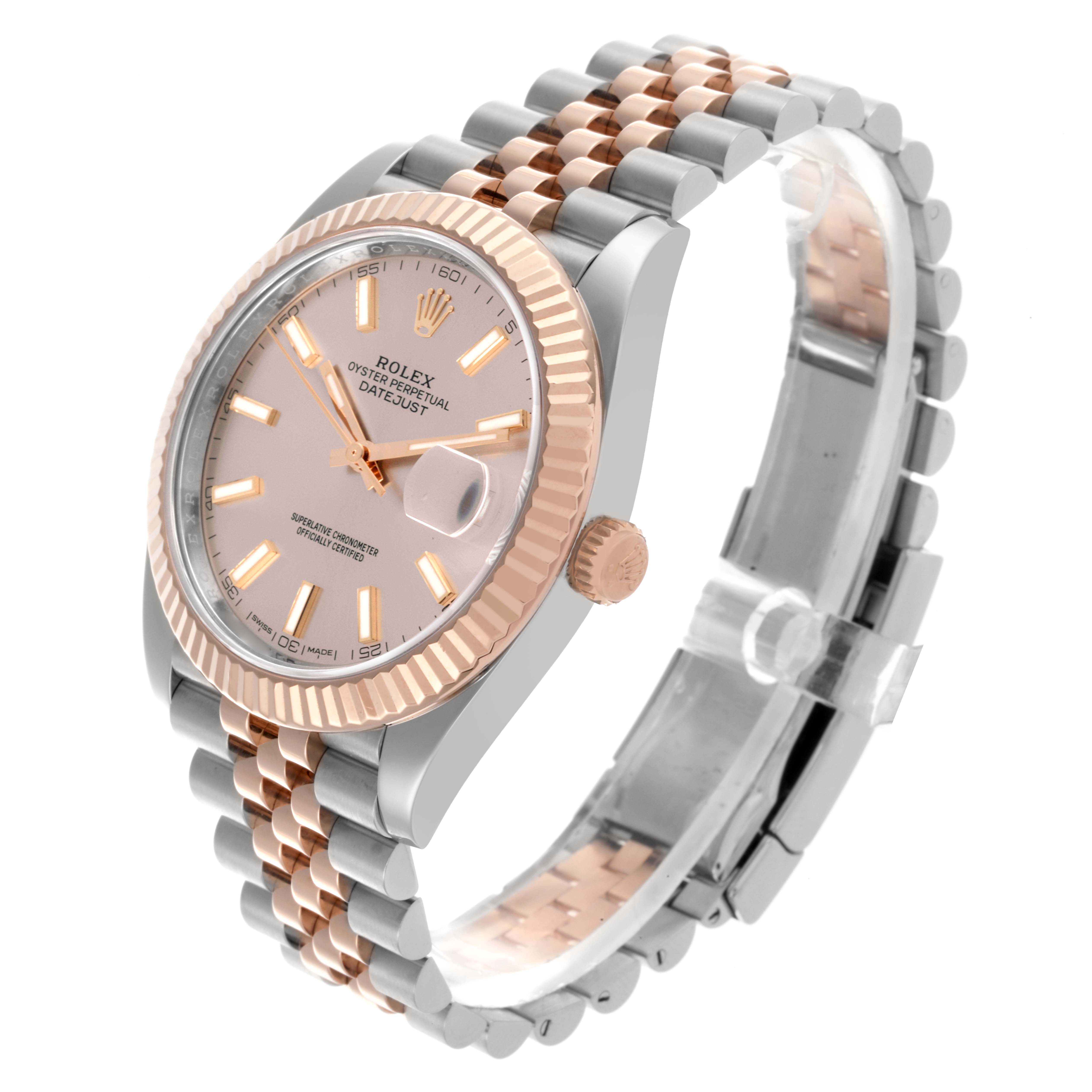 The Rolex Datejust 41 126331 Men's Steel and Gold (two tone) Pink Dial 126331 Men's Steel and Gold (two tone) Pink Dial is shown at a slight angle highlighting the dial, fluted bezel, and two-tone Jubilee bracelet.