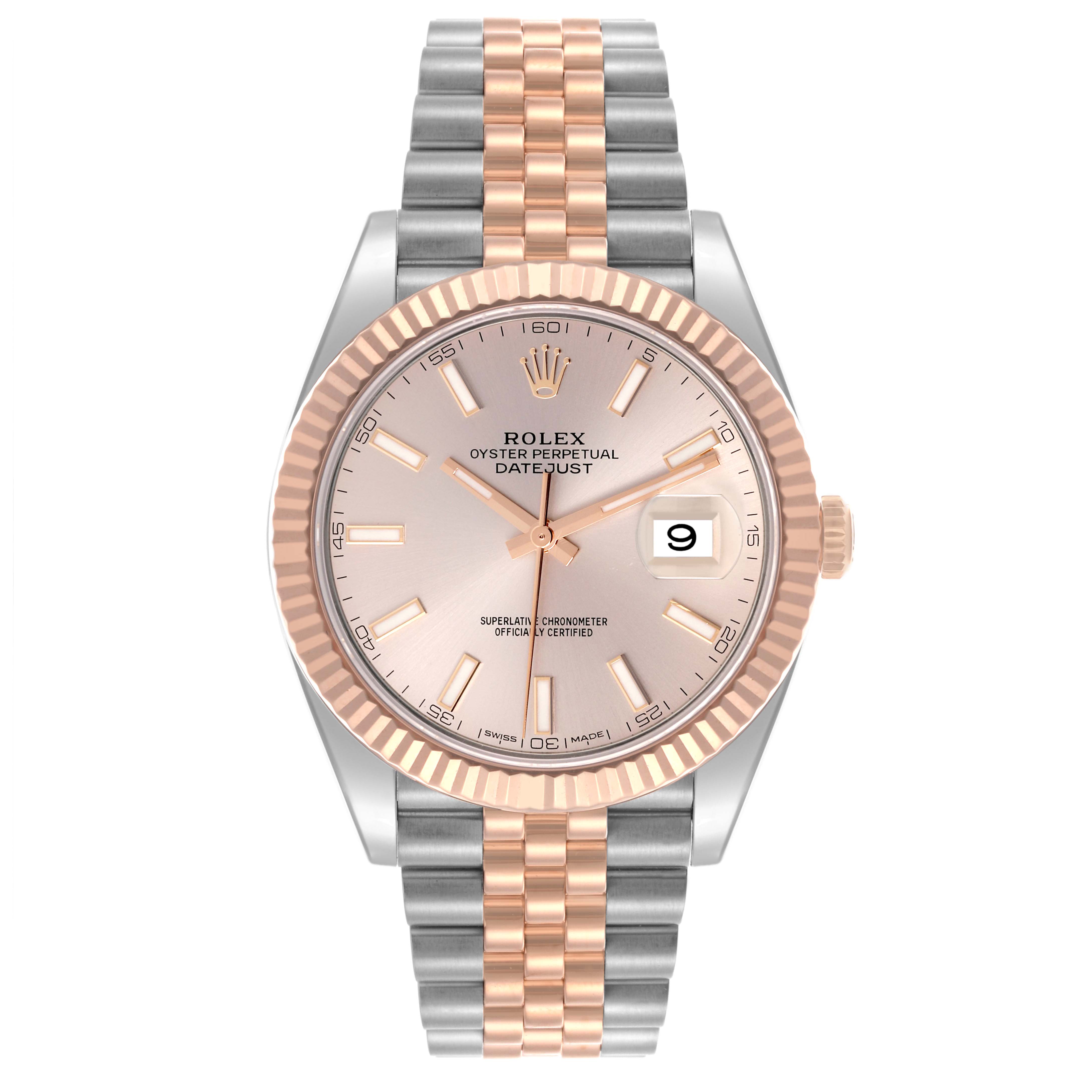 The Rolex Datejust 41 126331 Men's Steel and Gold (two tone) Pink Dial 126331 Men's Steel and Gold (two tone) Pink Dial watch is shown from a front angle, displaying its dial, bezel, and two-tone bracelet.