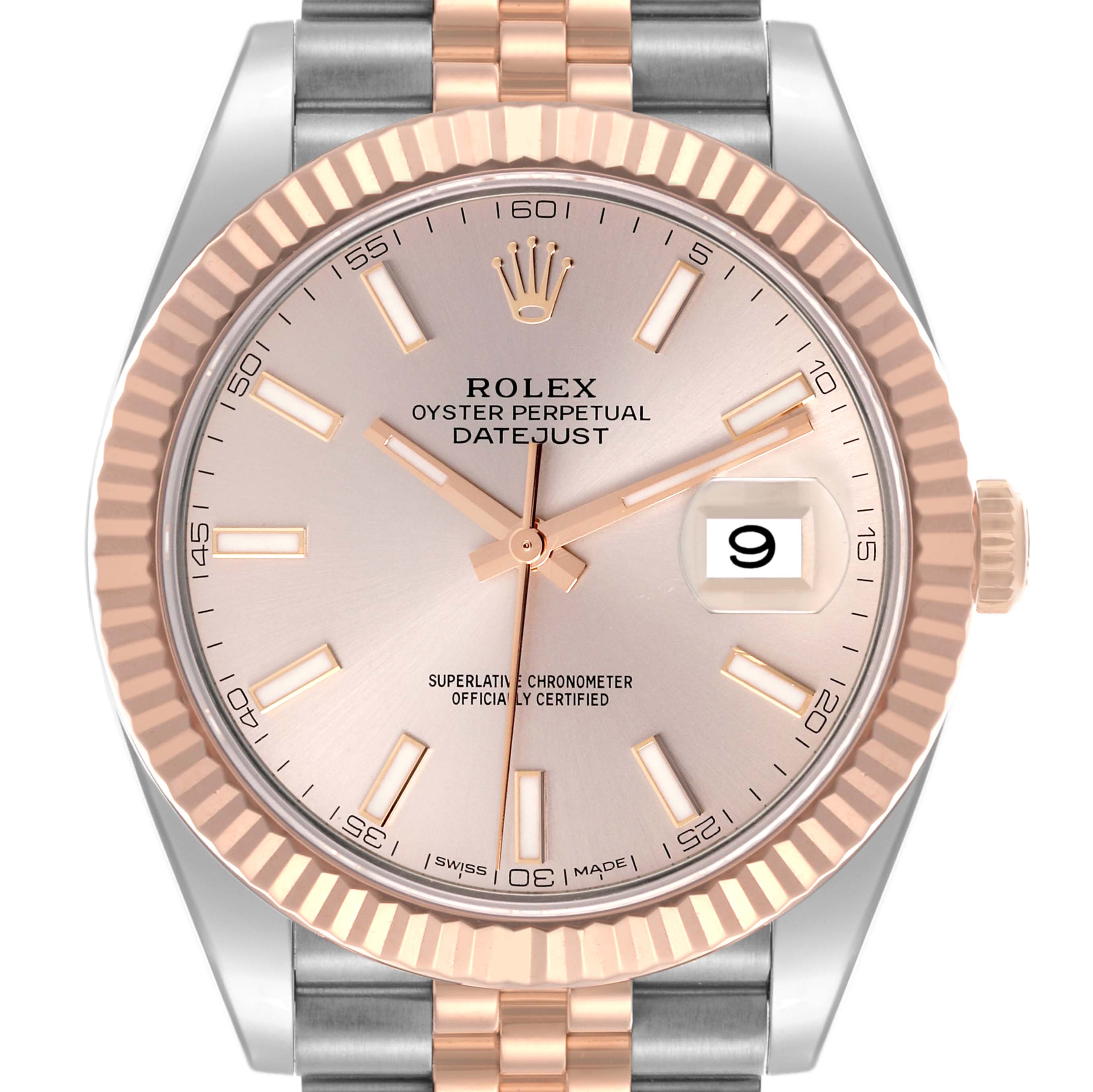 The Rolex Datejust 41 126331 Men's Steel and Gold (two tone) Pink Dial 126331 Men's Steel and Gold (two tone) Pink Dial watch is shown from a front angle, highlighting the dial, fluted bezel, and two-tone bracelet.