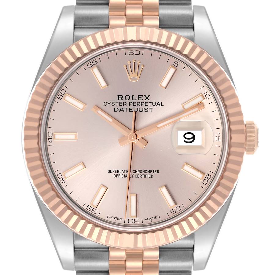 The Rolex Datejust 41 watch is shown from a front angle, highlighting the dial, fluted bezel, and two-tone bracelet.