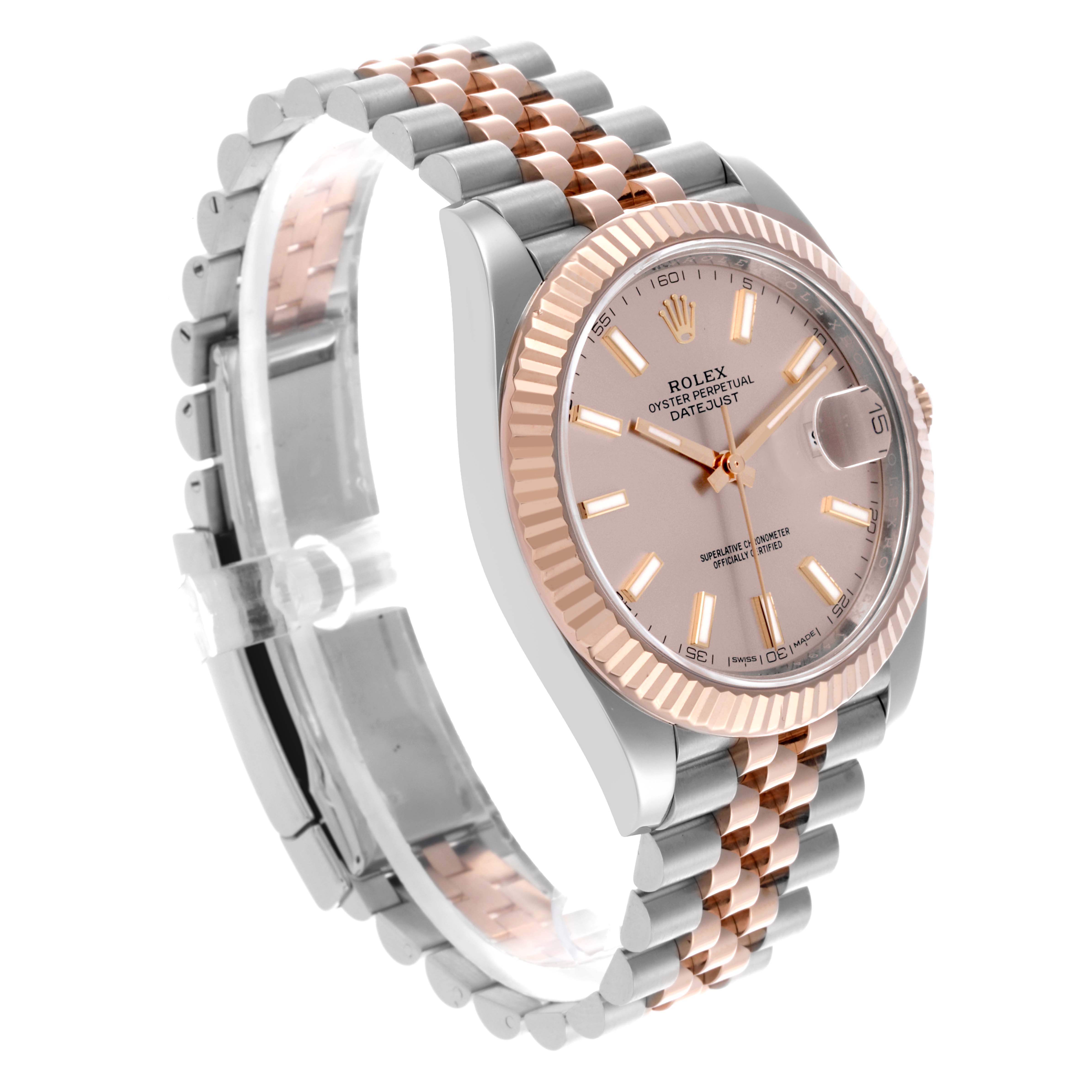 The Rolex Datejust 41 126331 Men's Steel and Gold (two tone) Pink Dial 126331 Men's Steel and Gold (two tone) Pink Dial is shown at an angled side view, highlighting the bracelet, bezel, dial, and case.