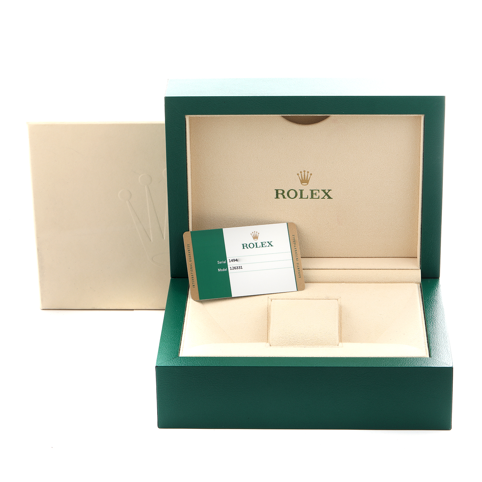 The image shows a Rolex Datejust 41 126331 Men's Steel and Gold (two tone) Pink Dial 126331 Men's Steel and Gold (two tone) Pink Dial box and authenticity card at a frontal angle.