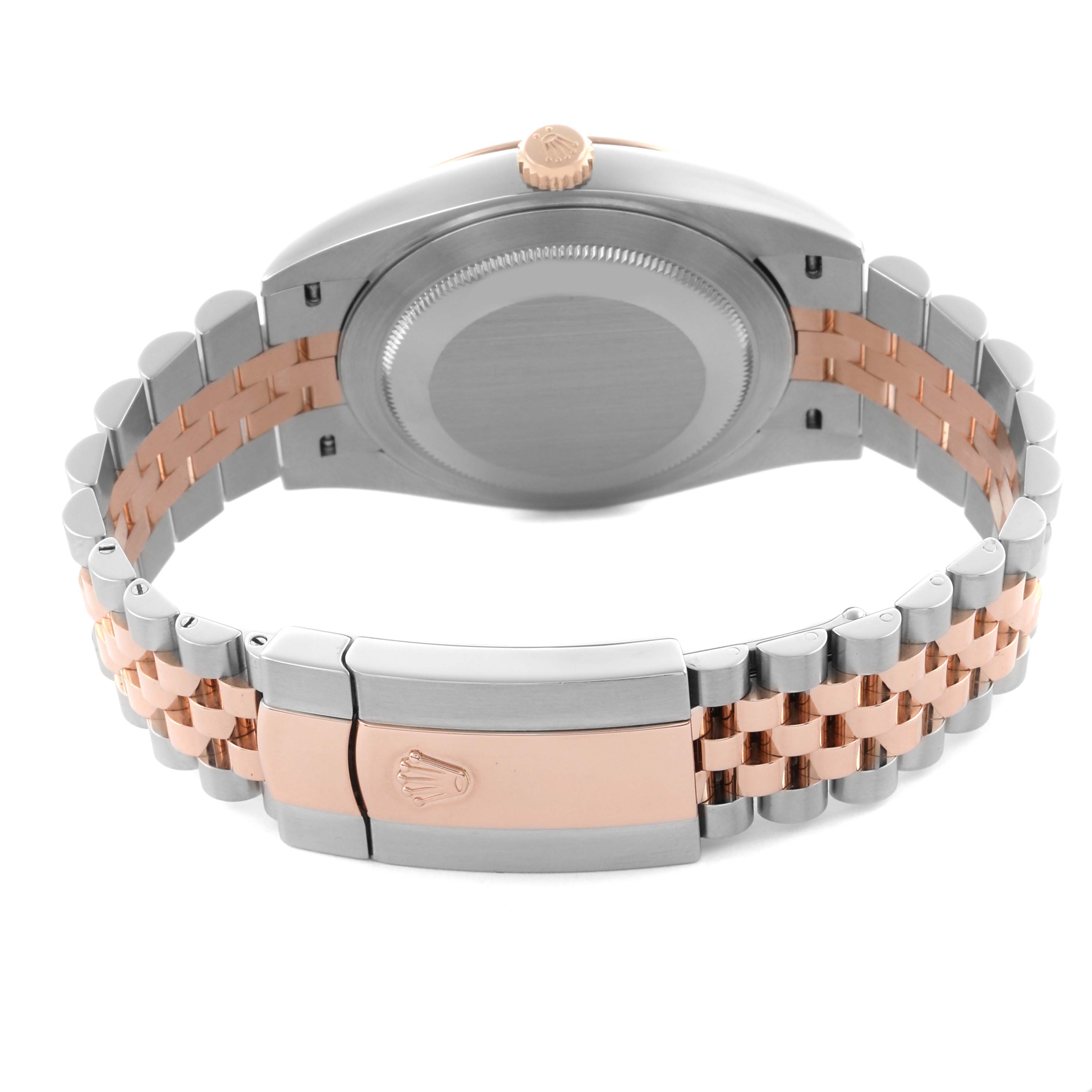 The Rolex Datejust 41 126331 Men's Steel and Gold (two tone) Pink Dial 126331 Men's Steel and Gold (two tone) Pink Dial watch is shown from the rear angle, displaying its case back, crown, and two-tone bracelet with clasp.