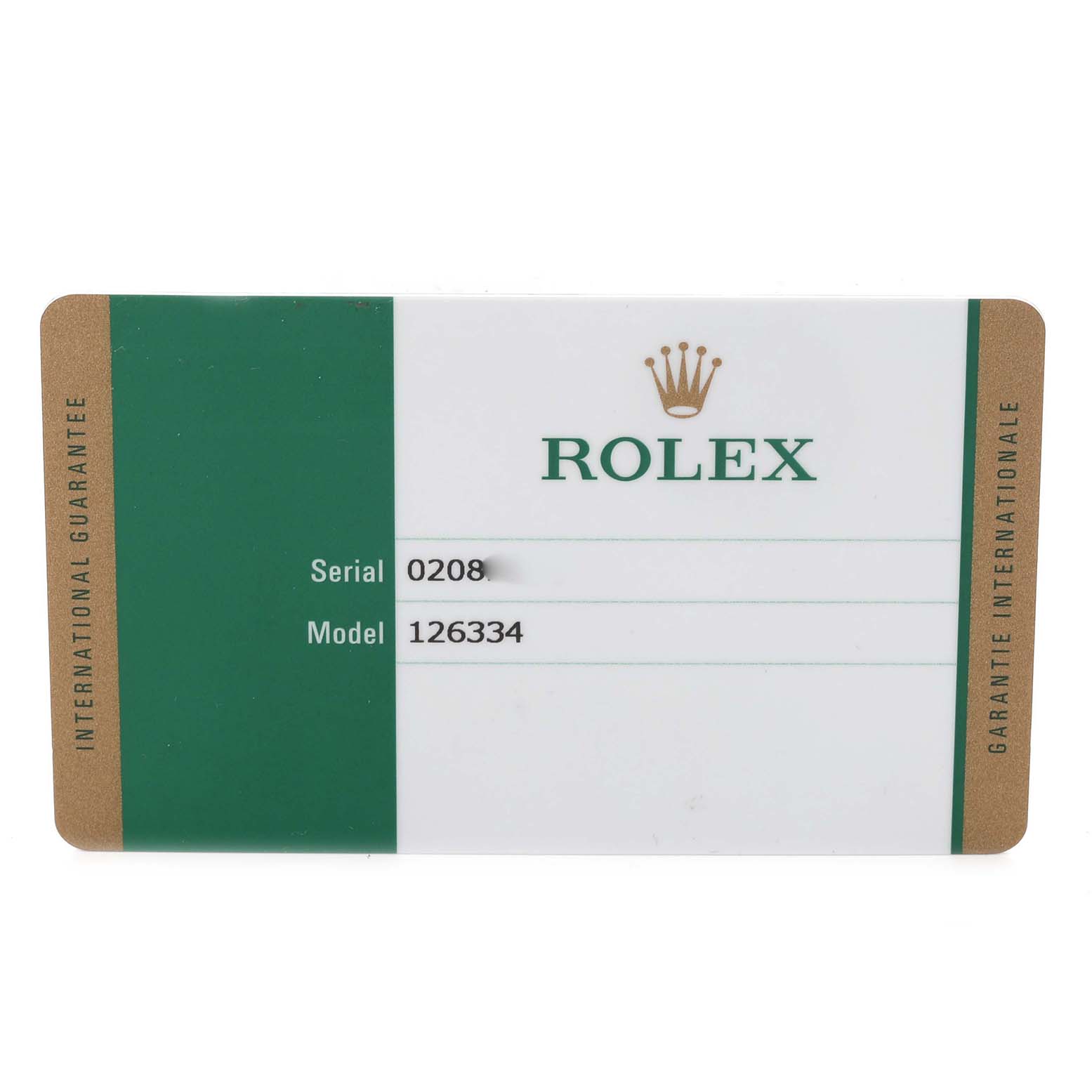 The image shows a warranty card for a Rolex Datejust 41 126334 Men
s Stainless Steel Blue Dial 126334 Men
s Stainless Steel Blue Dial, displaying the brand and model details.