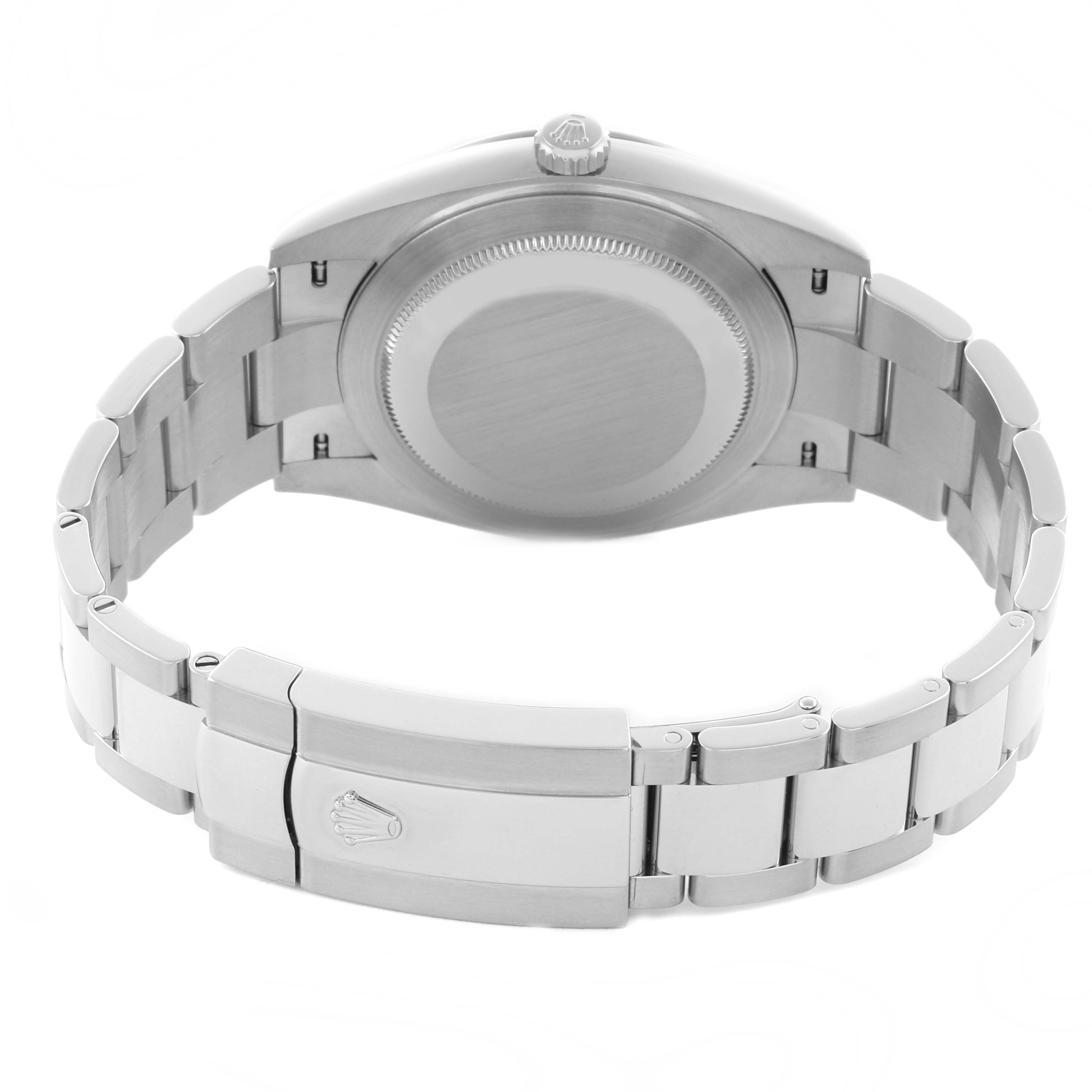 The image shows the back view of a Rolex Datejust 41 126334 Men
s Stainless Steel Blue Dial 126334 Men
s Stainless Steel Blue Dial, highlighting the clasp and case back.