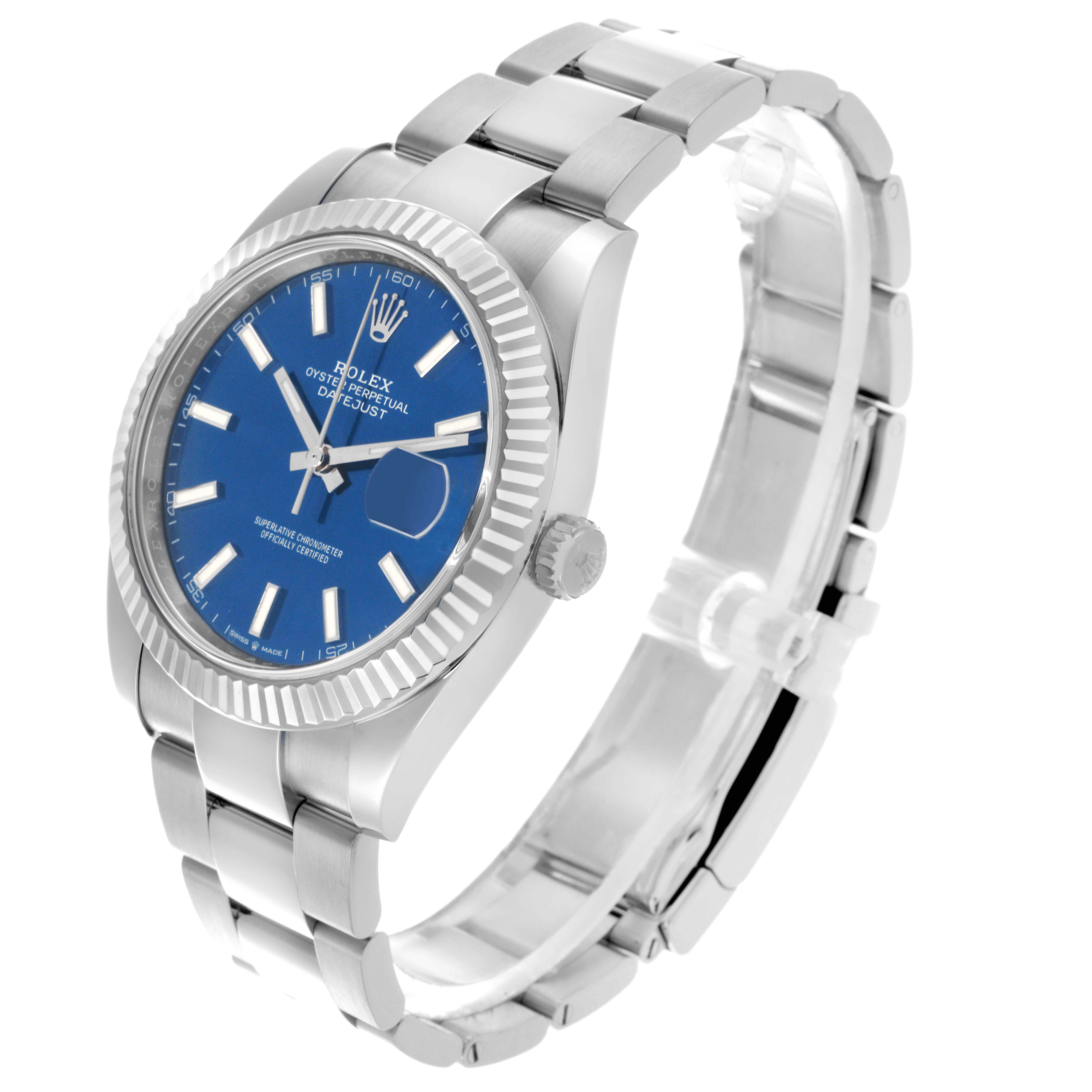 The image shows the Rolex Datejust 41 126334 Men
s Stainless Steel Blue Dial 126334 Men
s Stainless Steel Blue Dial at an angled side view, highlighting the fluted bezel, blue dial, and part of the bracelet.