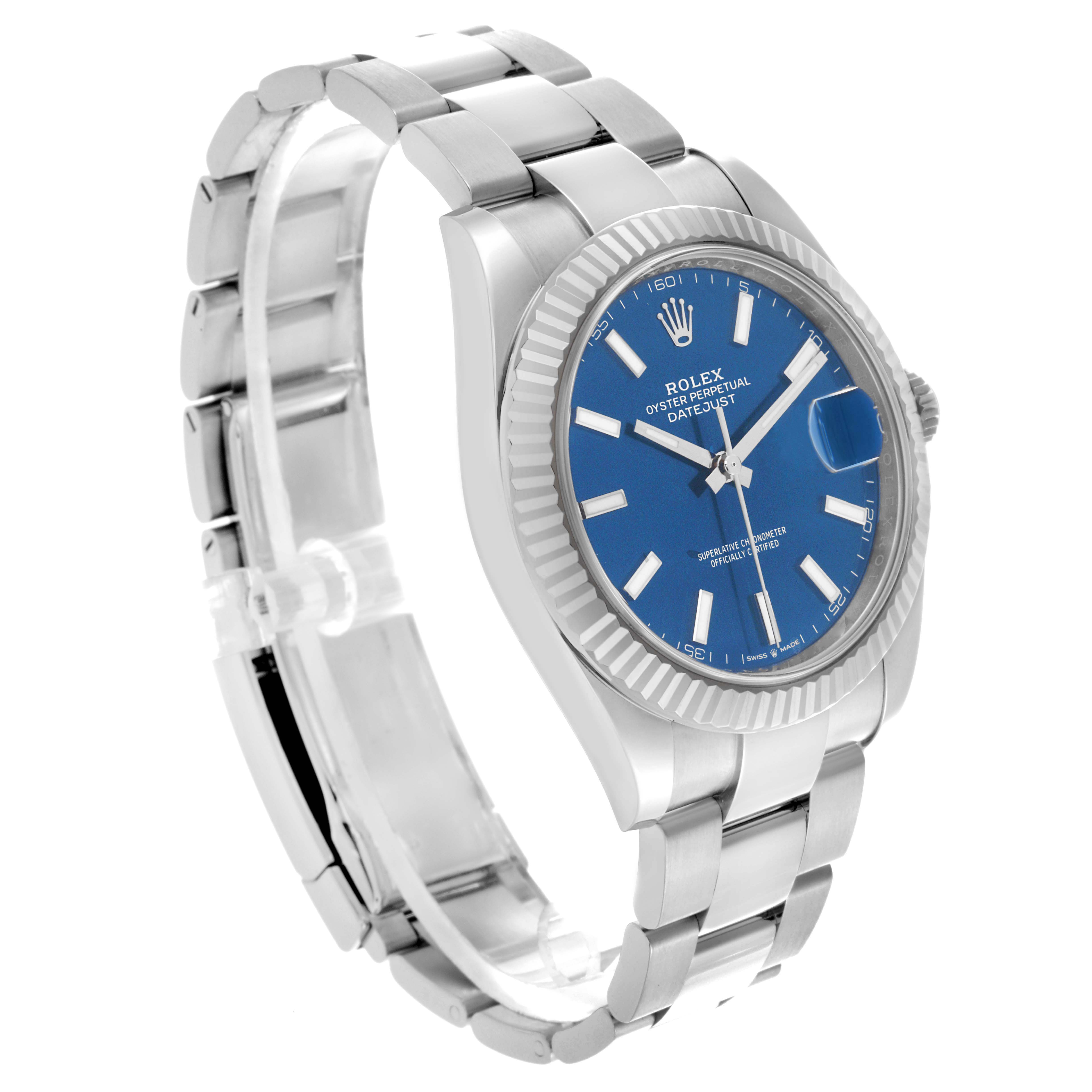 The Rolex Datejust 41 126334 Men
s Stainless Steel Blue Dial 126334 Men
s Stainless Steel Blue Dial is shown at a three-quarter angle, highlighting the blue dial, fluted bezel, and metal bracelet.