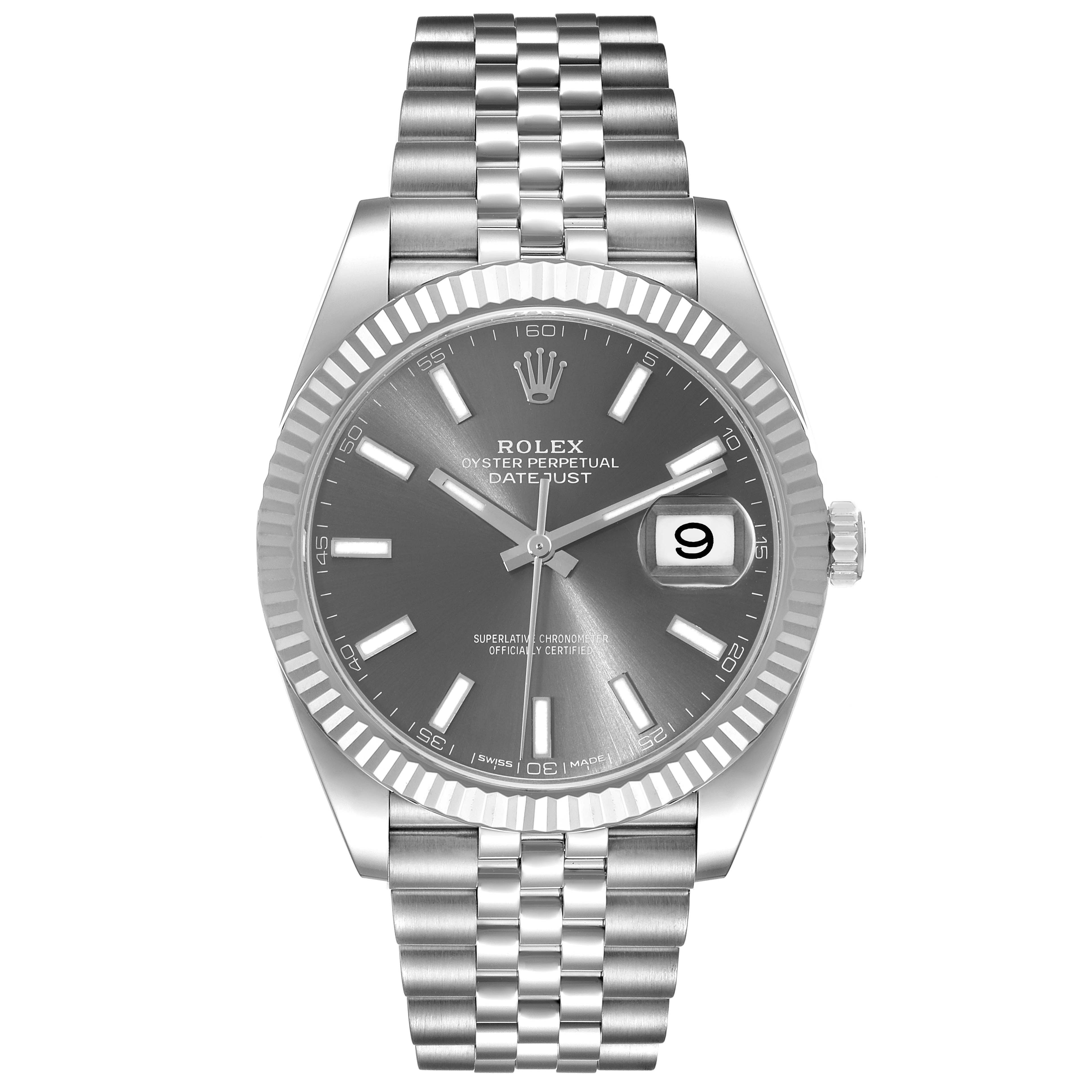 The Datejust 41 by Rolex is shown from the front, displaying the watch face, bracelet, and date window.