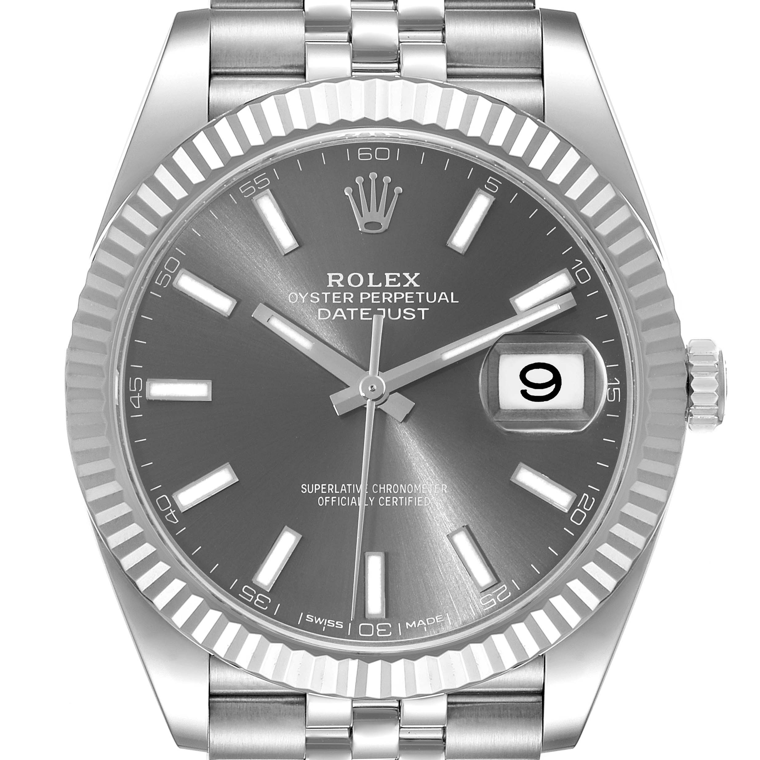 The image shows a front view of a Rolex Datejust 41 126334 Men
s Stainless Steel Grey Dial 126334 Men
s Stainless Steel Grey Dial watch, highlighting the dial, bezel, hands, date window, and part of the bracelet.
