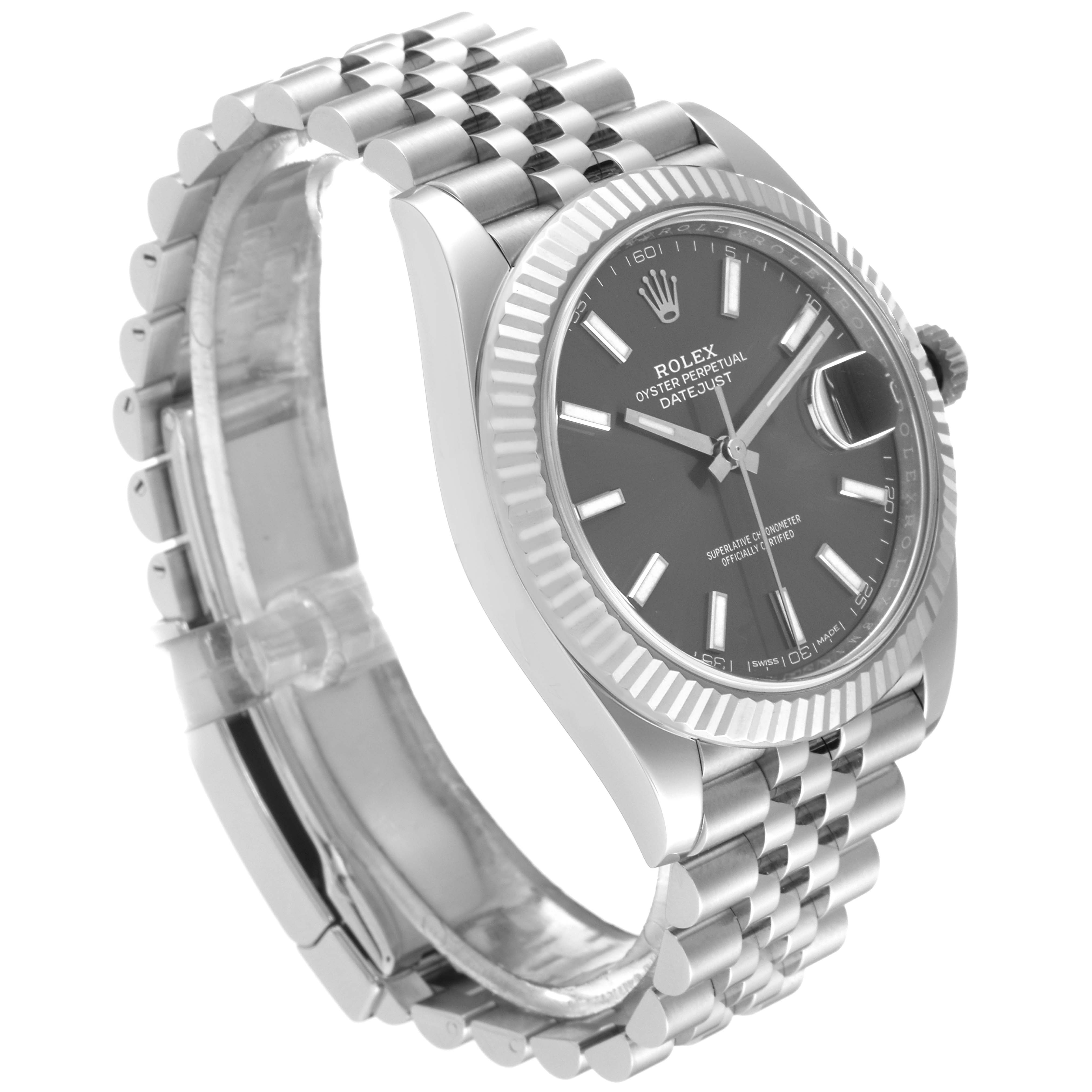The image shows a Rolex Datejust 41 126334 Men
s Stainless Steel Grey Dial 126334 Men
s Stainless Steel Grey Dial watch from a side angle, highlighting the face, fluted bezel, and Jubilee bracelet.