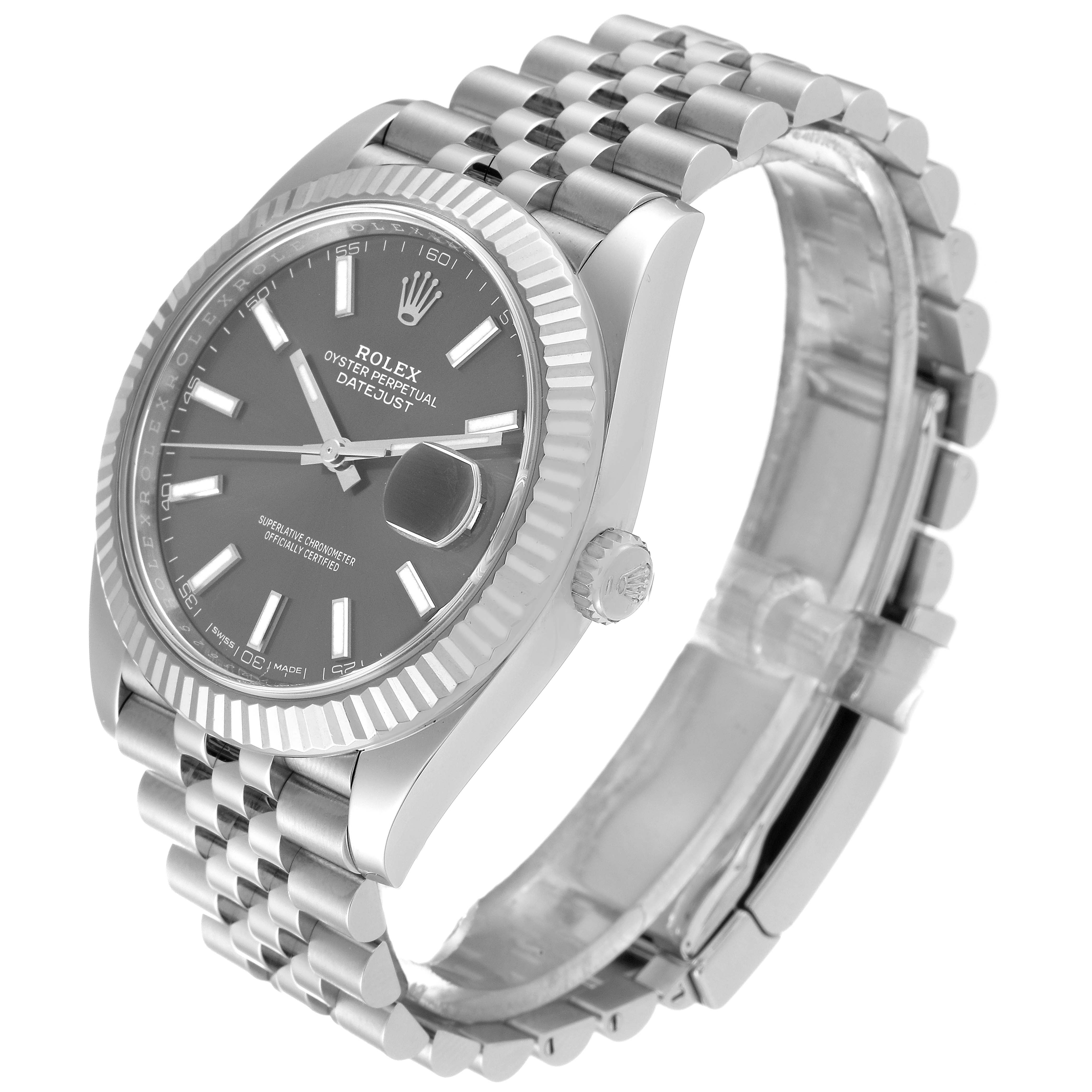 The image shows the Rolex Datejust 41 126334 Men
s Stainless Steel Grey Dial 126334 Men
s Stainless Steel Grey Dial from a three-quarter angle, highlighting the watch face, bezel, crown, and bracelet.