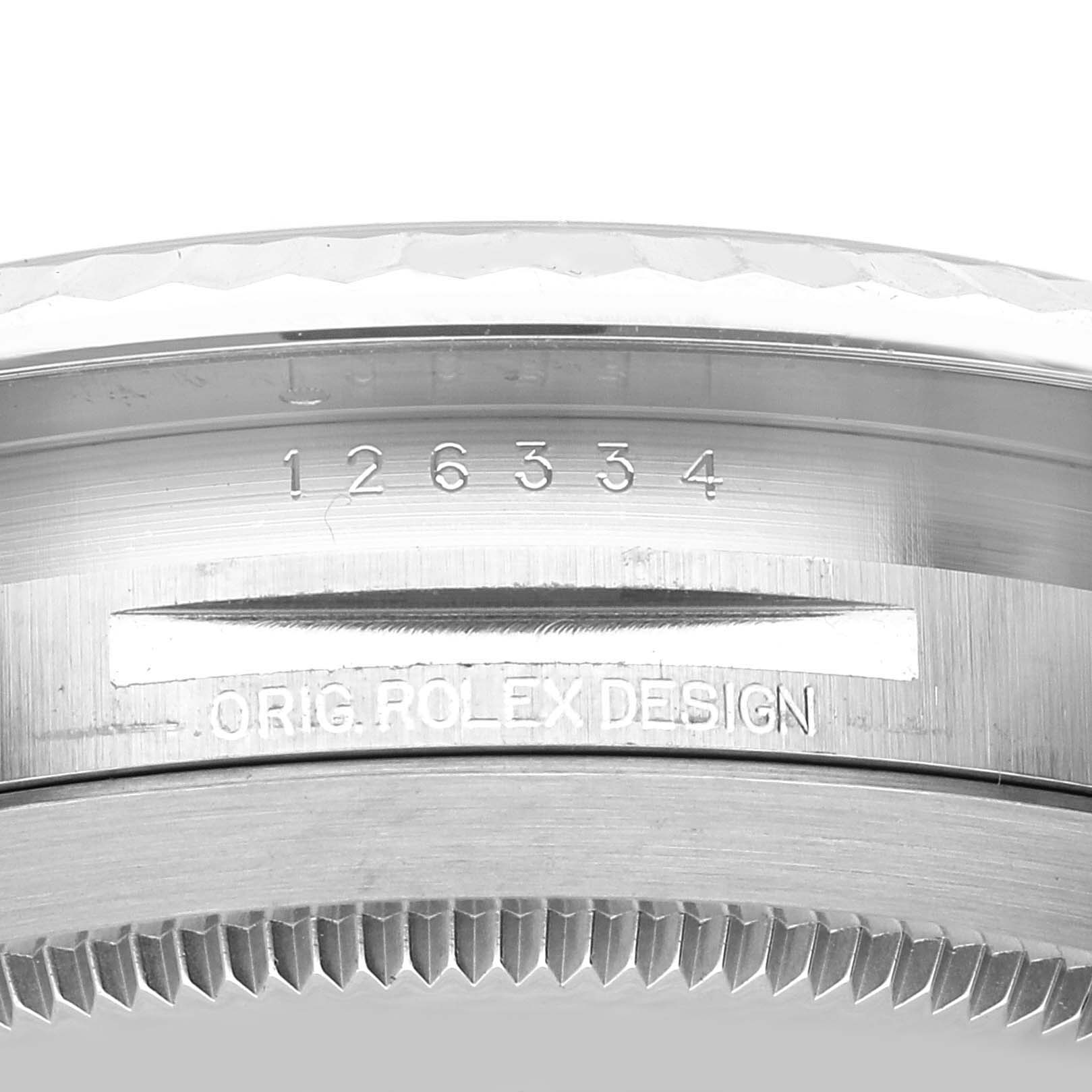 The image shows a close-up of the caseback and model number of a Rolex Datejust 41 126334 Men
s Stainless Steel Grey Dial 126334 Men
s Stainless Steel Grey Dial watch.