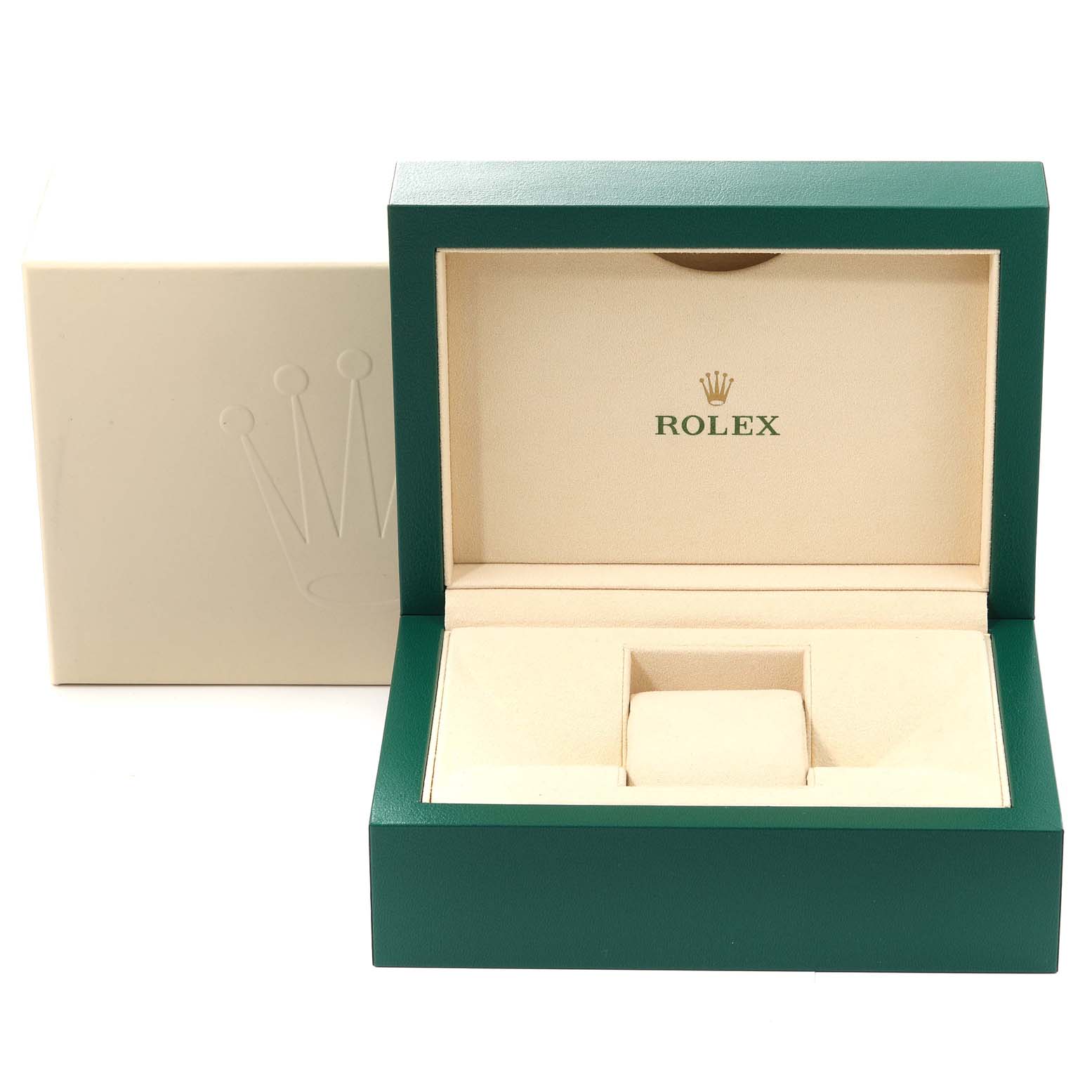 The image shows an open green and beige Rolex box for the Datejust 41 model, with no watch inside.
