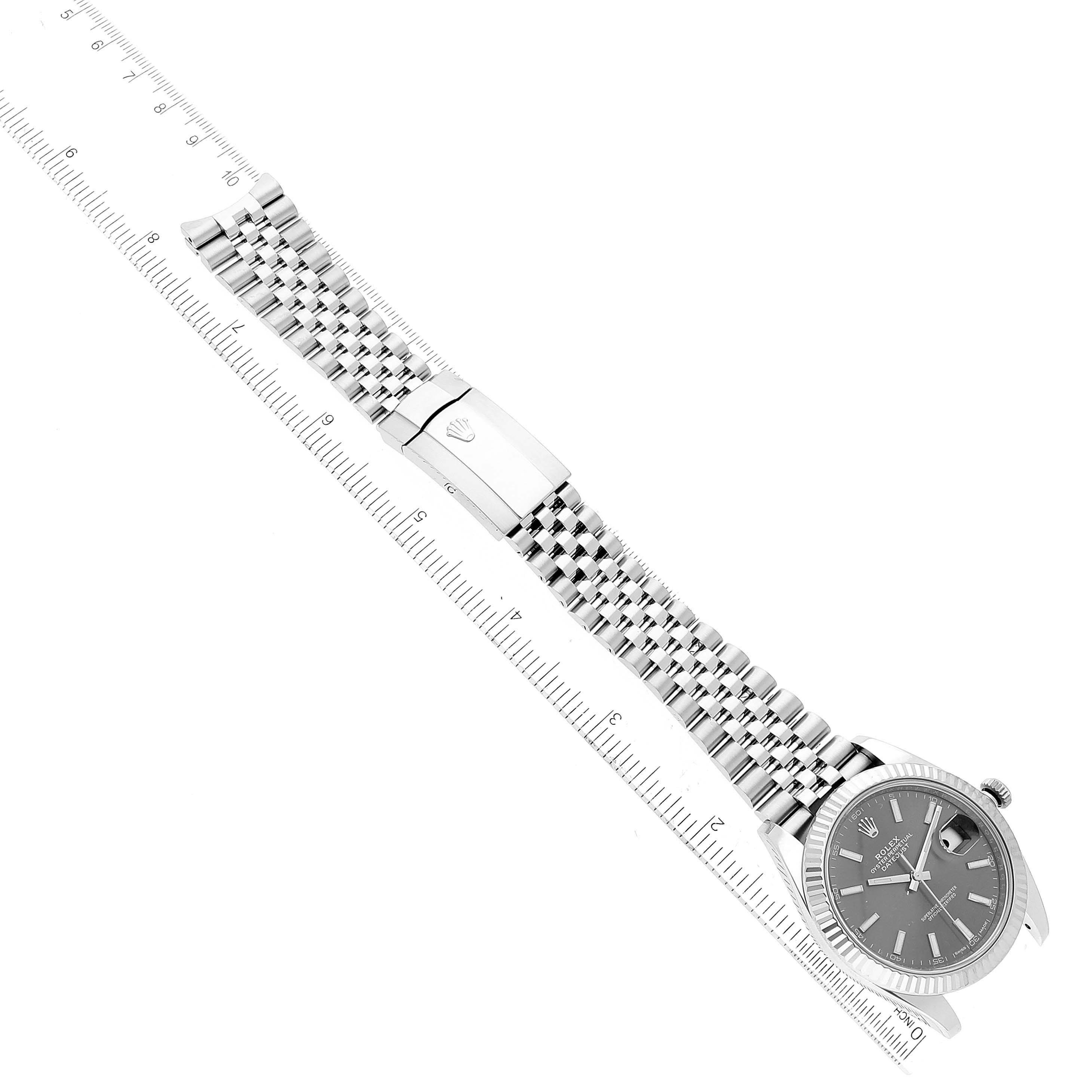 The image shows a top-down view of a Rolex Datejust 41 126334 Men
s Stainless Steel Grey Dial 126334 Men
s Stainless Steel Grey Dial watch, featuring its dial, bezel, and Jubilee bracelet with clasp.