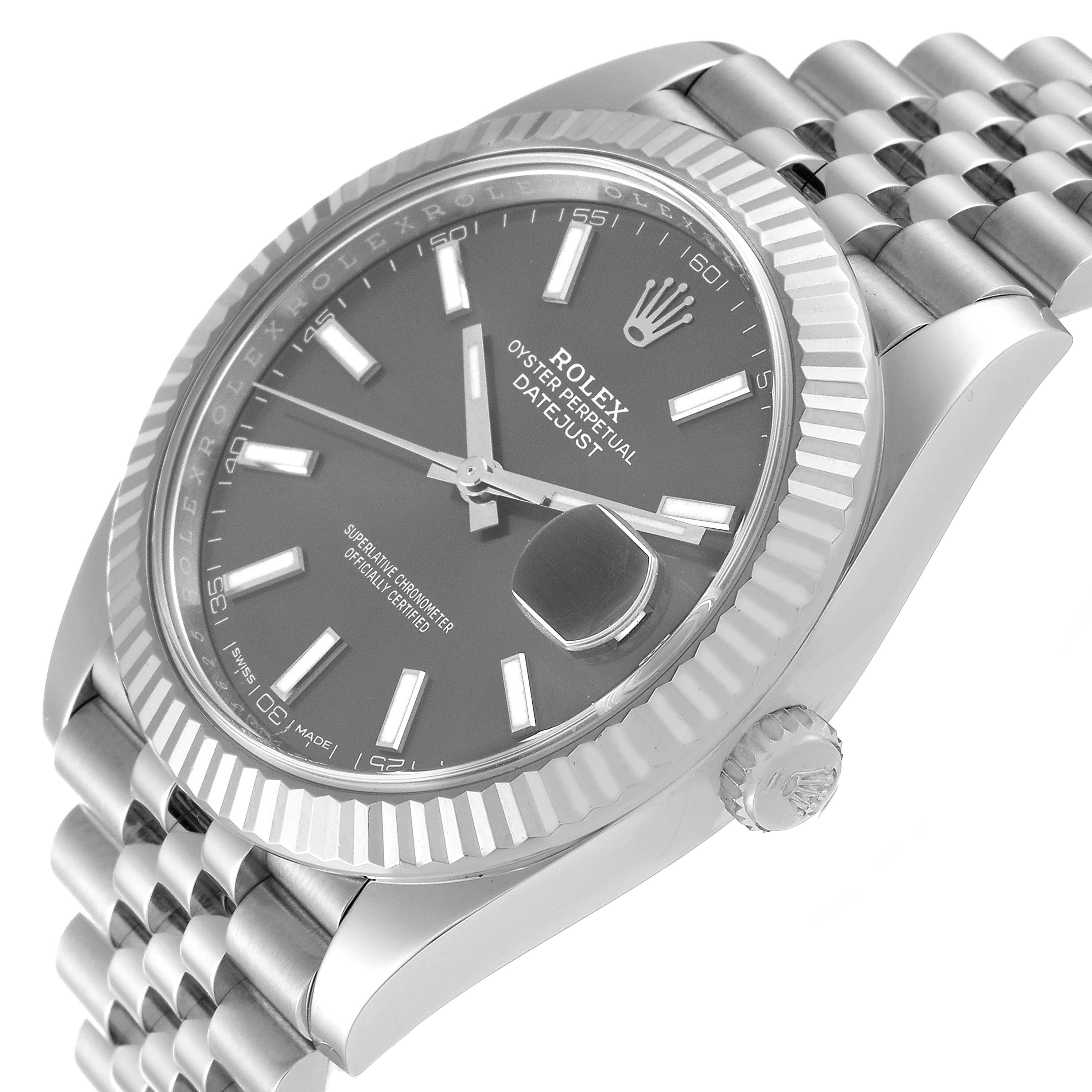 The image shows a close-up angle of a Rolex Datejust 41 126334 Men
s Stainless Steel Grey Dial 126334 Men
s Stainless Steel Grey Dial watch, highlighting the dial, bezel, crown, and part of the bracelet.