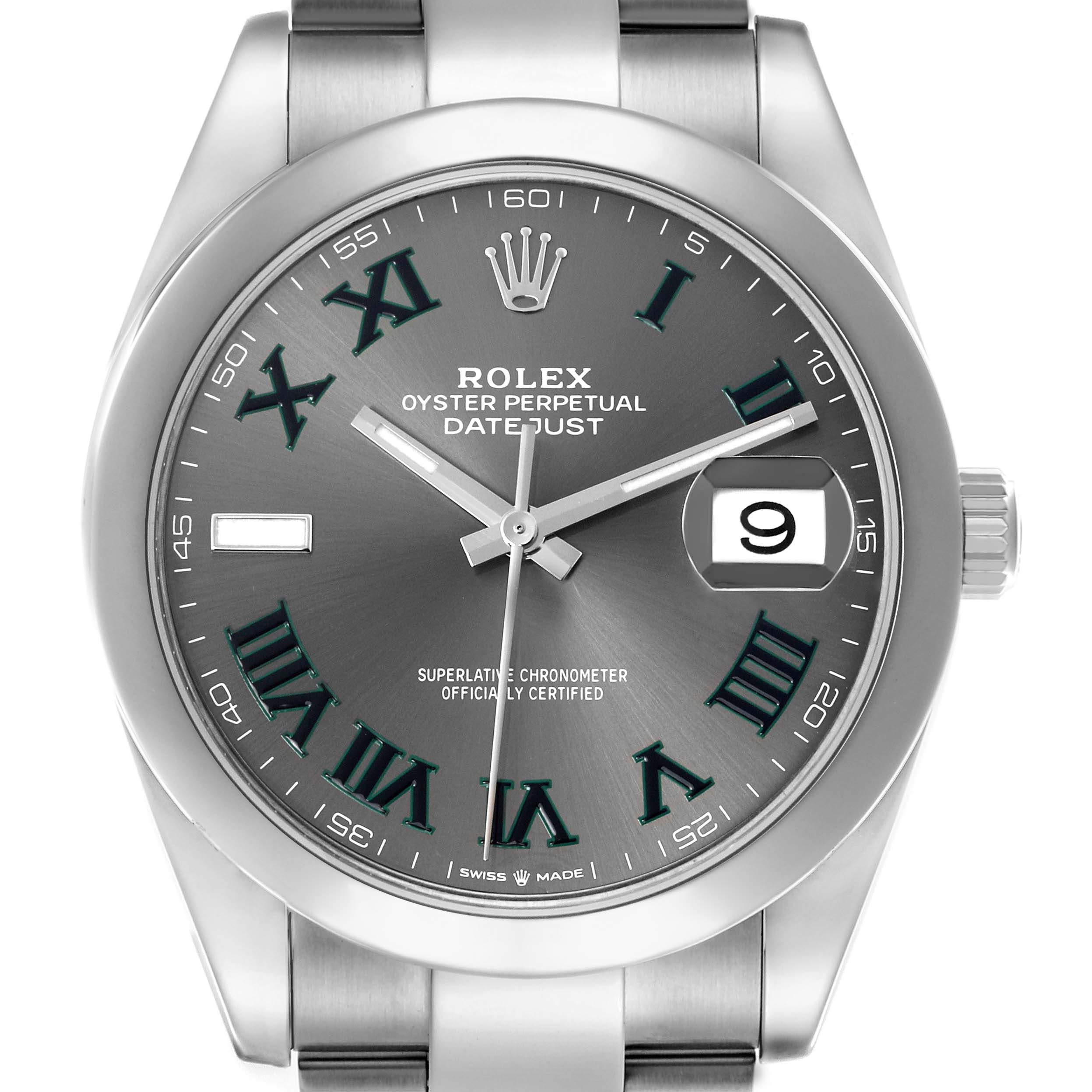The Rolex Datejust 41 126300 Men's Stainless Steel Grey Dial 126300 Men's Stainless Steel Grey Dial watch is shown from a front angle, highlighting the dial, bezel, and part of the bracelet.