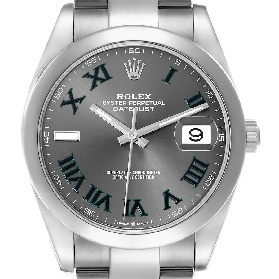 The Rolex Datejust 41 watch is shown from a front angle, highlighting the dial, bezel, and part of the bracelet.