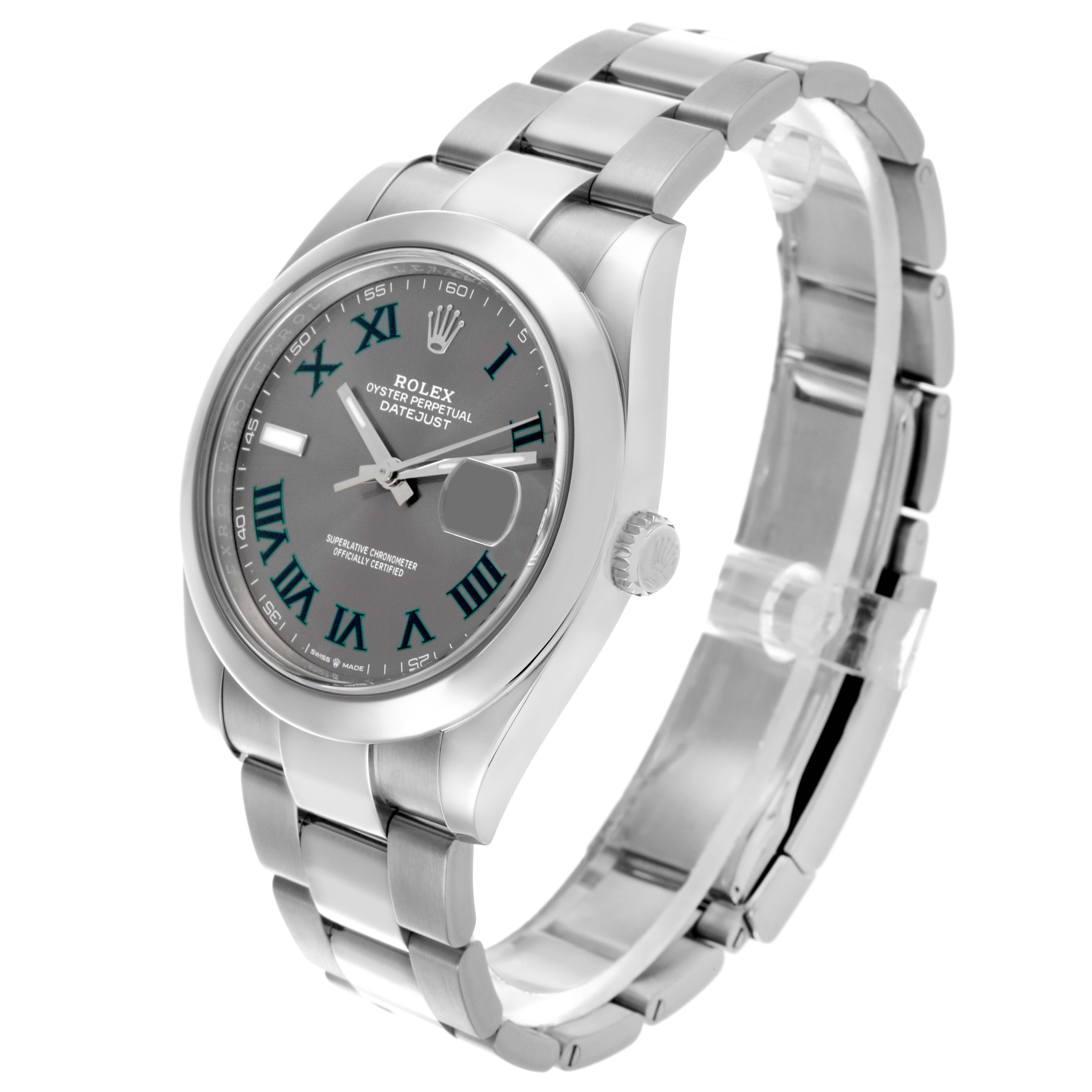 The Rolex Datejust 41 126300 Men's Stainless Steel Grey Dial 126300 Men's Stainless Steel Grey Dial watch is shown at a three-quarter angle, displaying the face, bezel, crown, and bracelet.