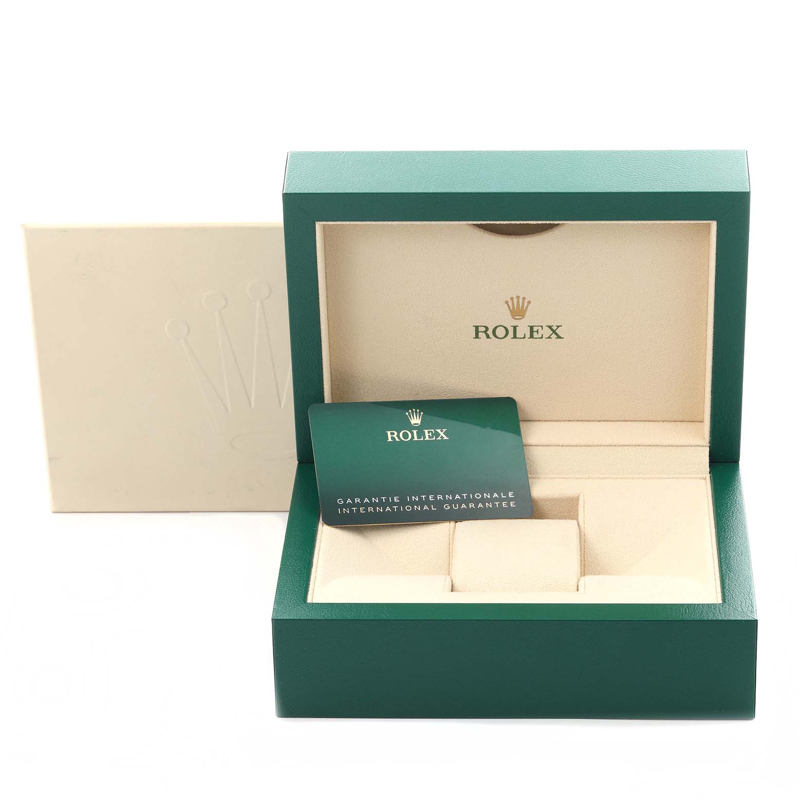 The image shows the open packaging and guarantee card for a Rolex Datejust 41 126300 Men's Stainless Steel Grey Dial 126300 Men's Stainless Steel Grey Dial, with the inner box prominently displayed.