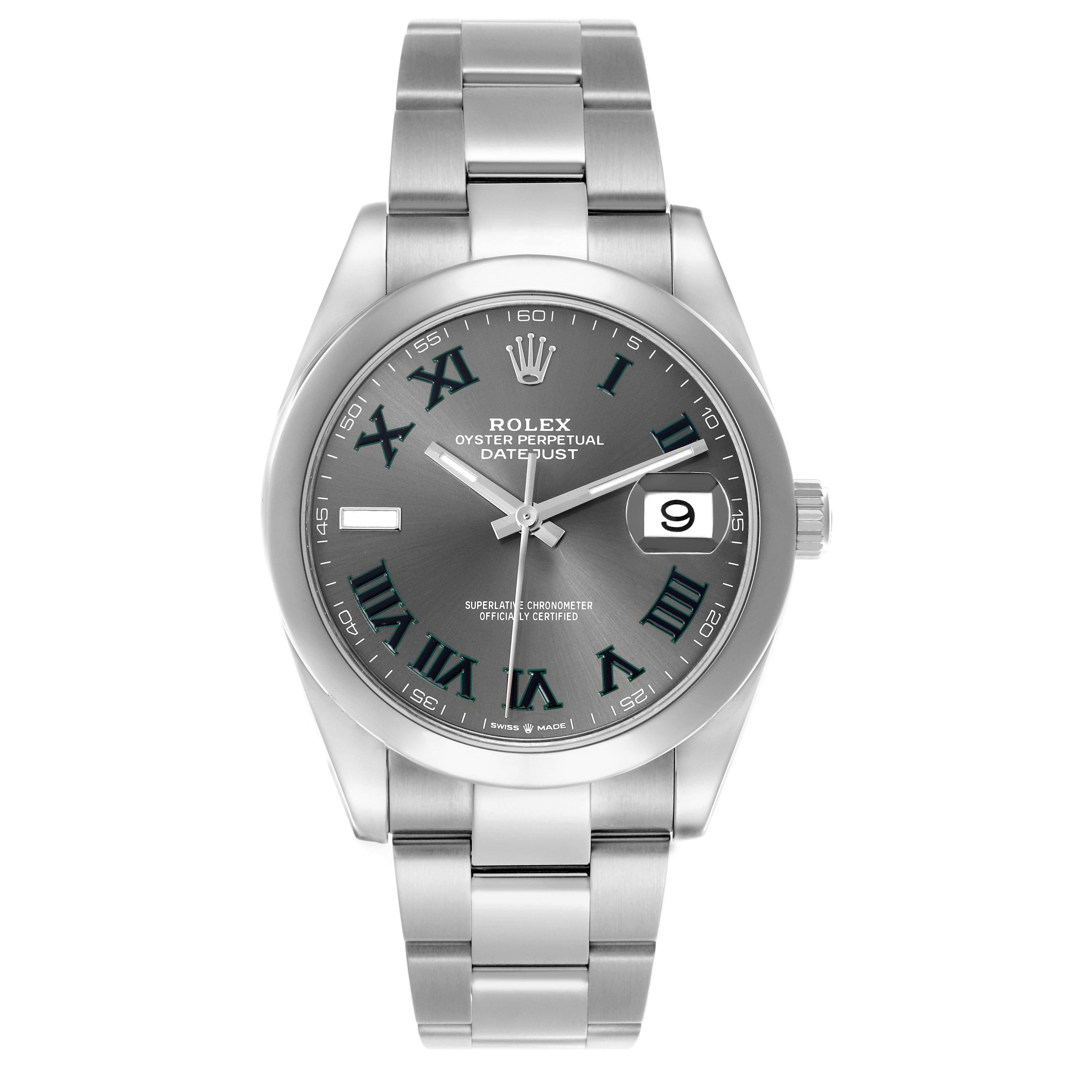 The Rolex Datejust 41 126300 Men's Stainless Steel Grey Dial 126300 Men's Stainless Steel Grey Dial watch is shown from a front angle highlighting the face, bezel, bracelet, and date window.