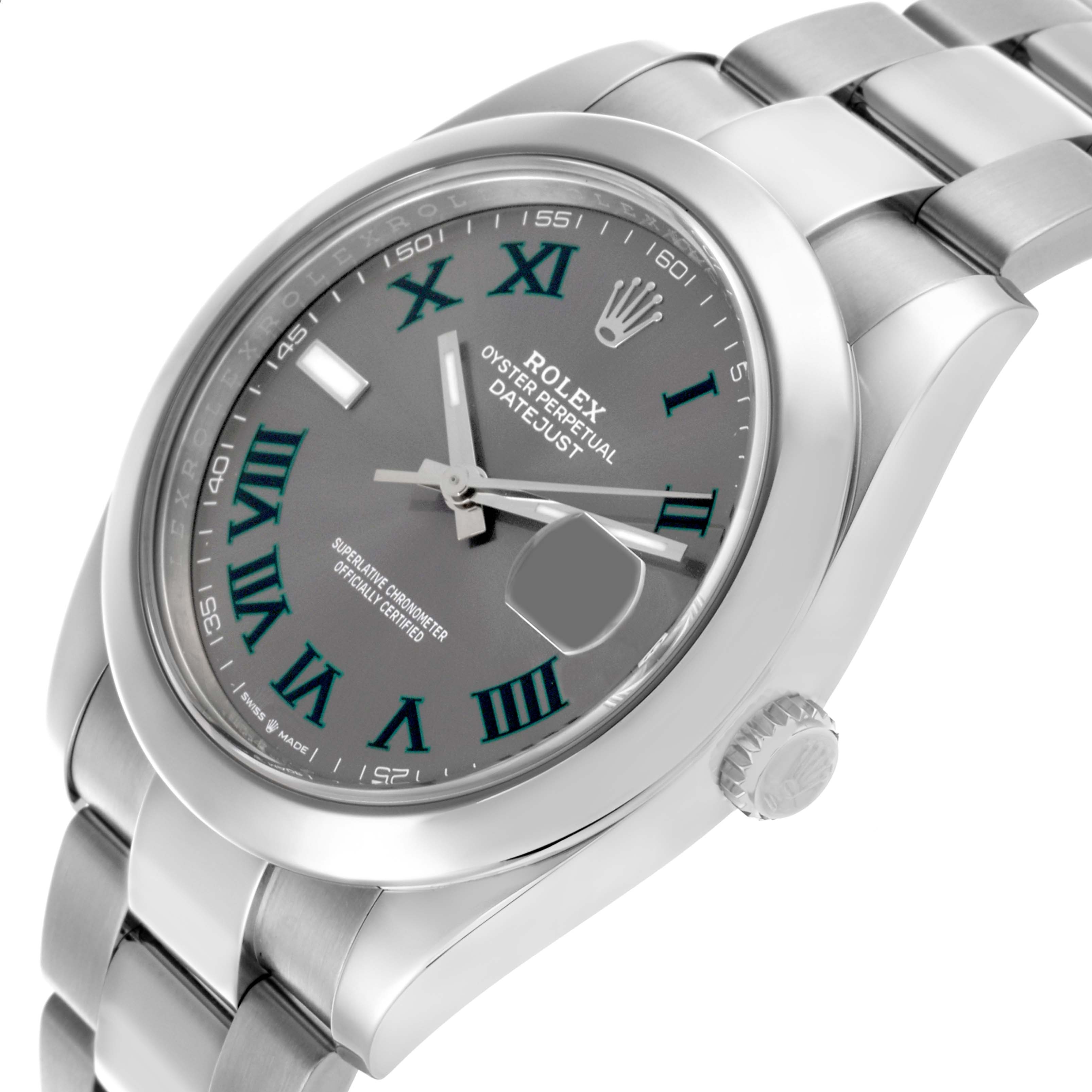 The Rolex Datejust 41 126300 Men's Stainless Steel Grey Dial 126300 Men's Stainless Steel Grey Dial watch is shown at a tilted angle, highlighting the dial, bezel, crown, and bracelet.