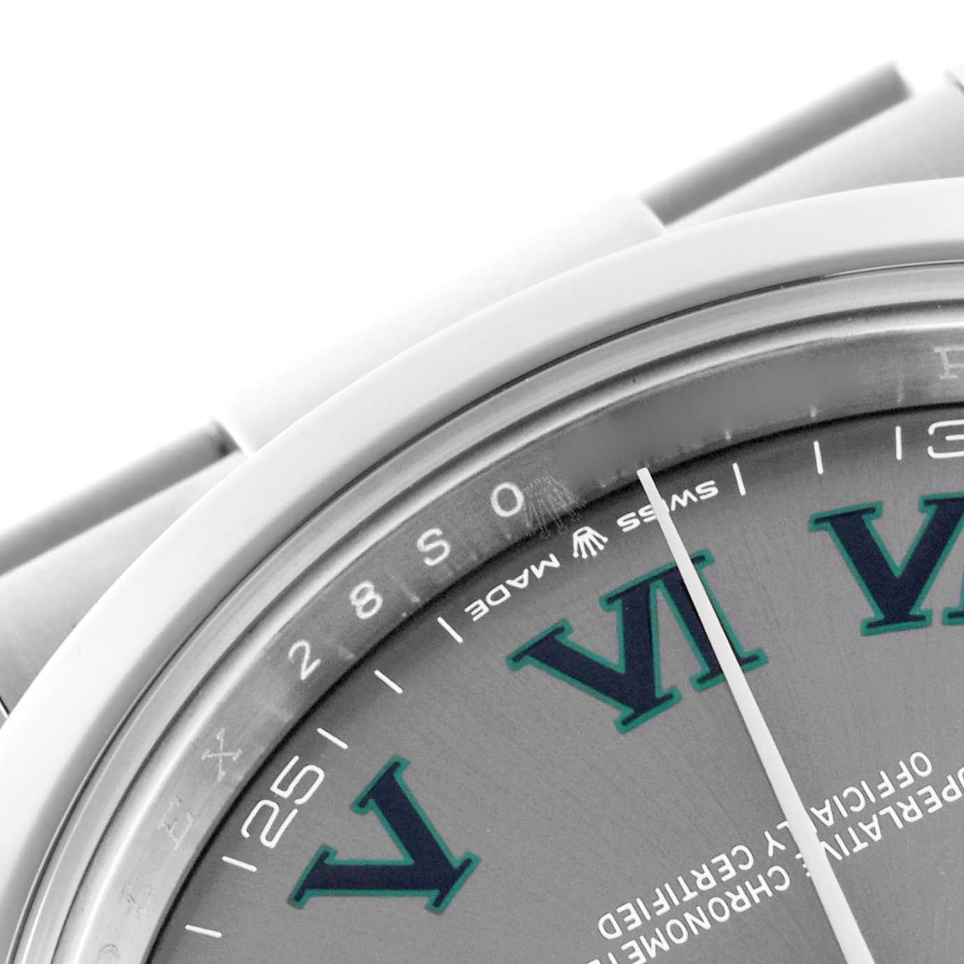 The image shows a close-up of the Rolex Datejust 41 126300 Men's Stainless Steel Grey Dial 126300 Men's Stainless Steel Grey Dial's dial, bezel, and part of the bracelet from a side angle.