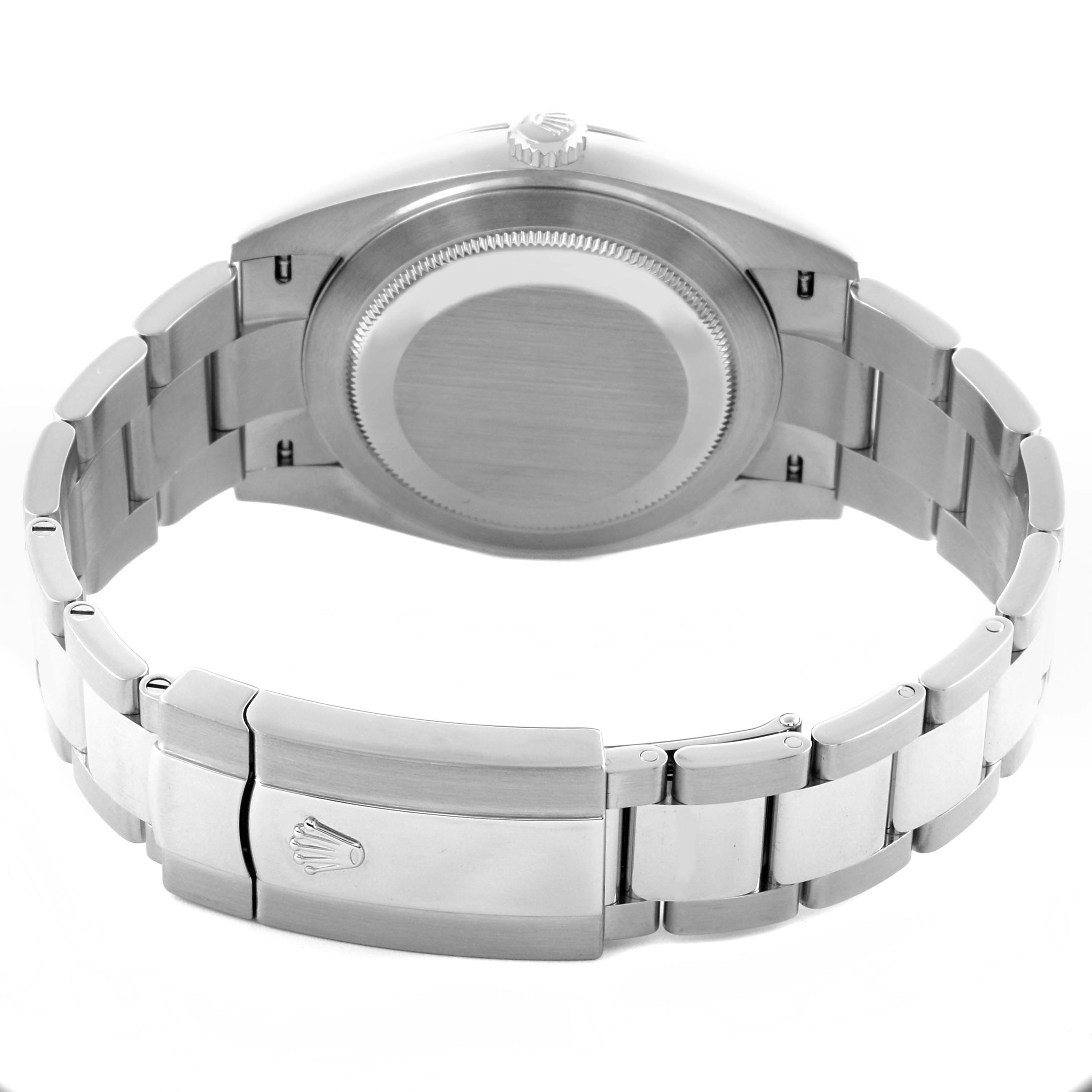 The image shows the Rolex Datejust 41 126300 Men's Stainless Steel Grey Dial 126300 Men's Stainless Steel Grey Dial from the back, highlighting the clasp, bracelet, and case back.