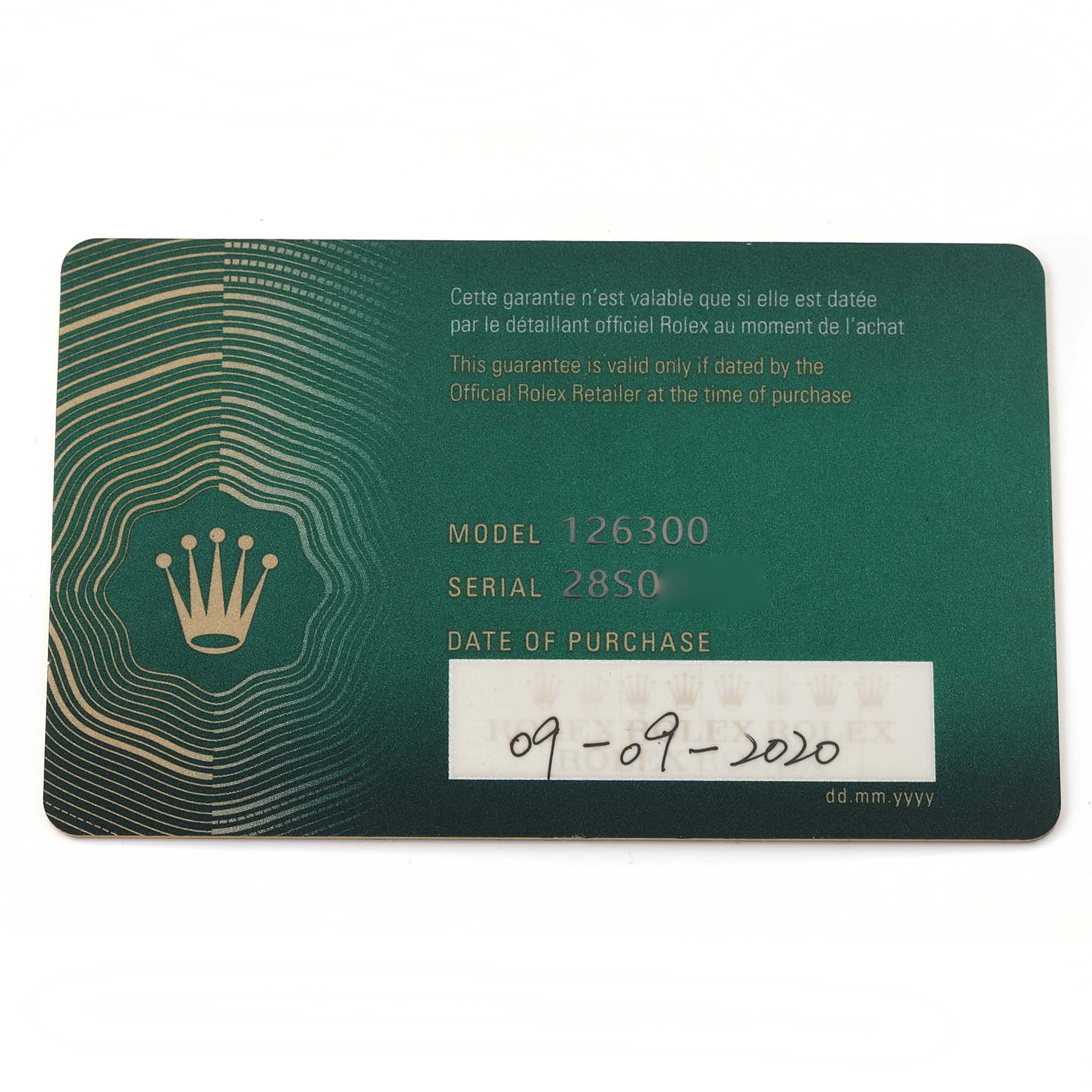 The image shows the warranty card for a Rolex Datejust 41 126300 Men's Stainless Steel Grey Dial 126300 Men's Stainless Steel Grey Dial model, displaying model number, serial number, and purchase date.