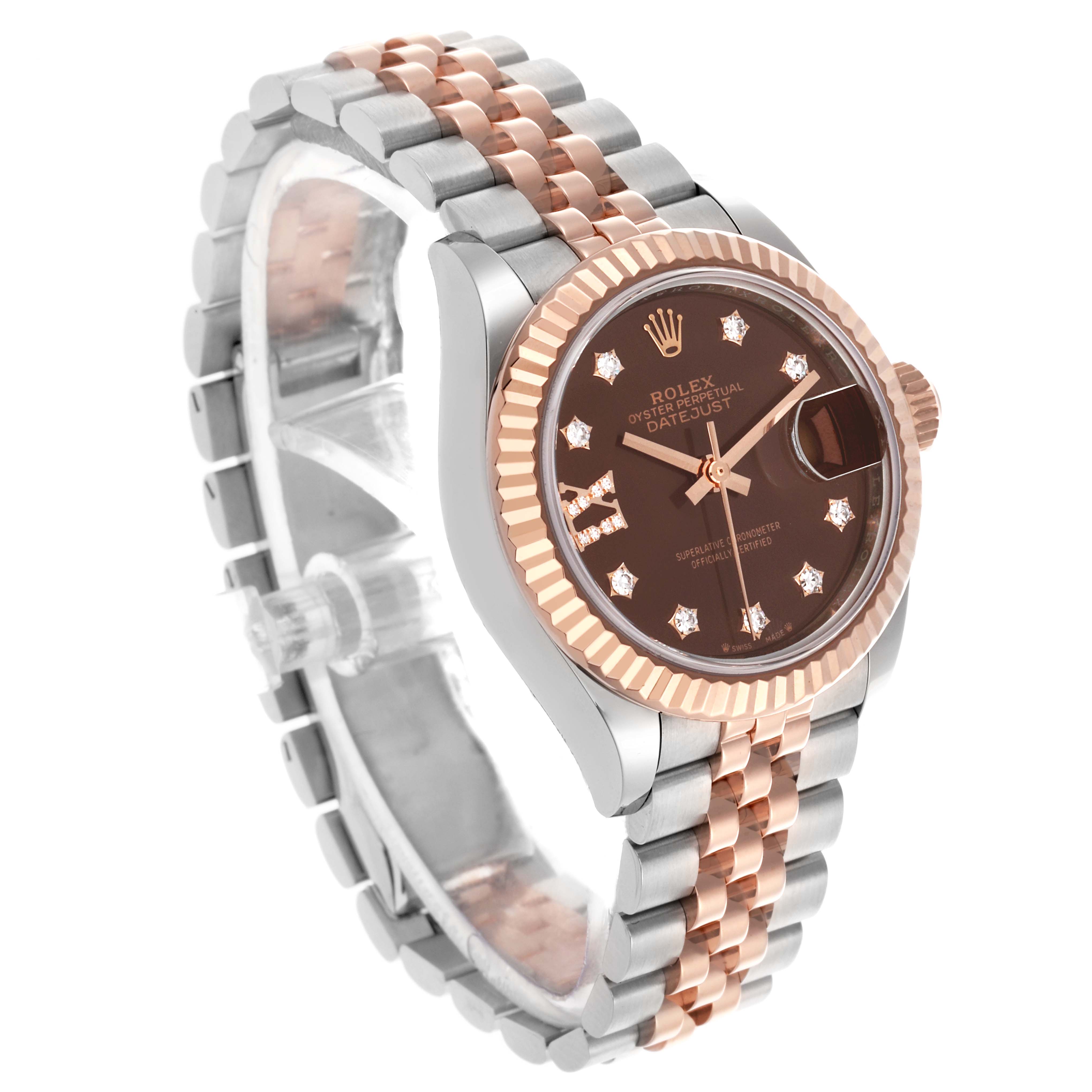 The Rolex Datejust 279171 Women's Steel and Gold (two tone) Brown Dial 279171 Women's Steel and Gold (two tone) Brown Dial watch is shown at a three-quarter angle, highlighting its two-tone bracelet, fluted bezel, and dark dial.
