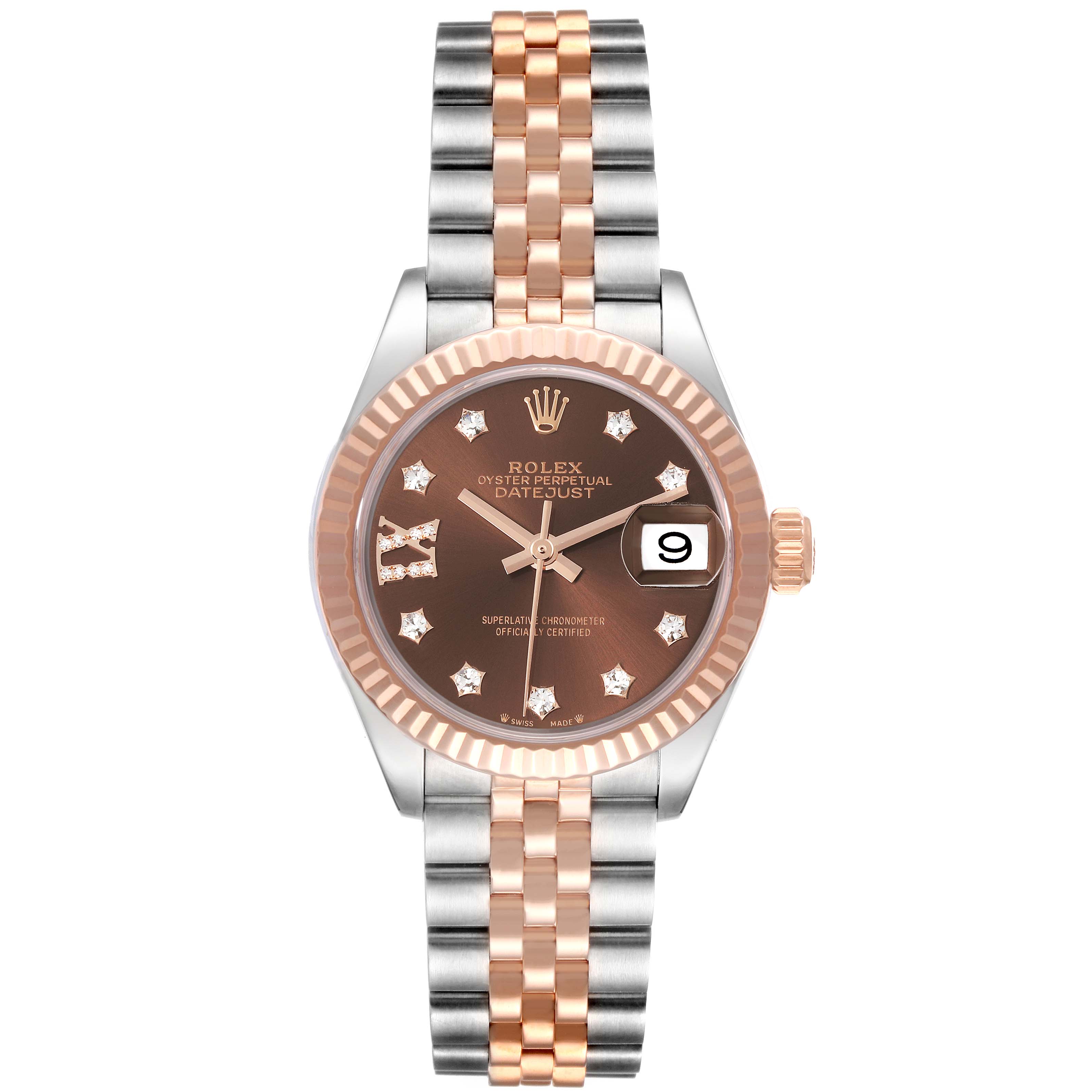 The Rolex Datejust 279171 Women's Steel and Gold (two tone) Brown Dial 279171 Women's Steel and Gold (two tone) Brown Dial watch is shown from a front angle, displaying the dial, bezel, bracelet, and crown.