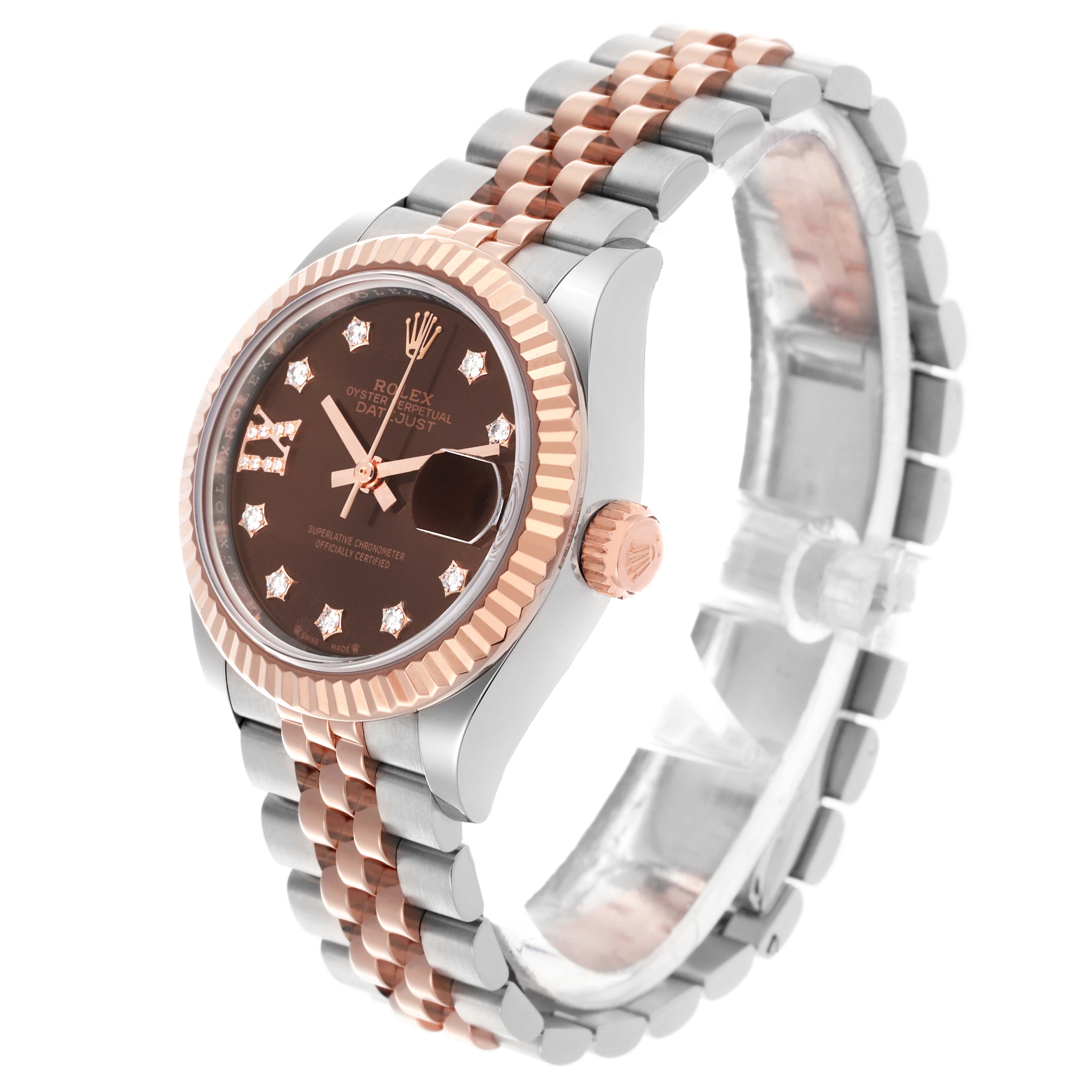 The Rolex Datejust 279171 Women's Steel and Gold (two tone) Brown Dial 279171 Women's Steel and Gold (two tone) Brown Dial is shown at a three-quarter angle, displaying the bezel, crown, dial, and Jubilee bracelet.