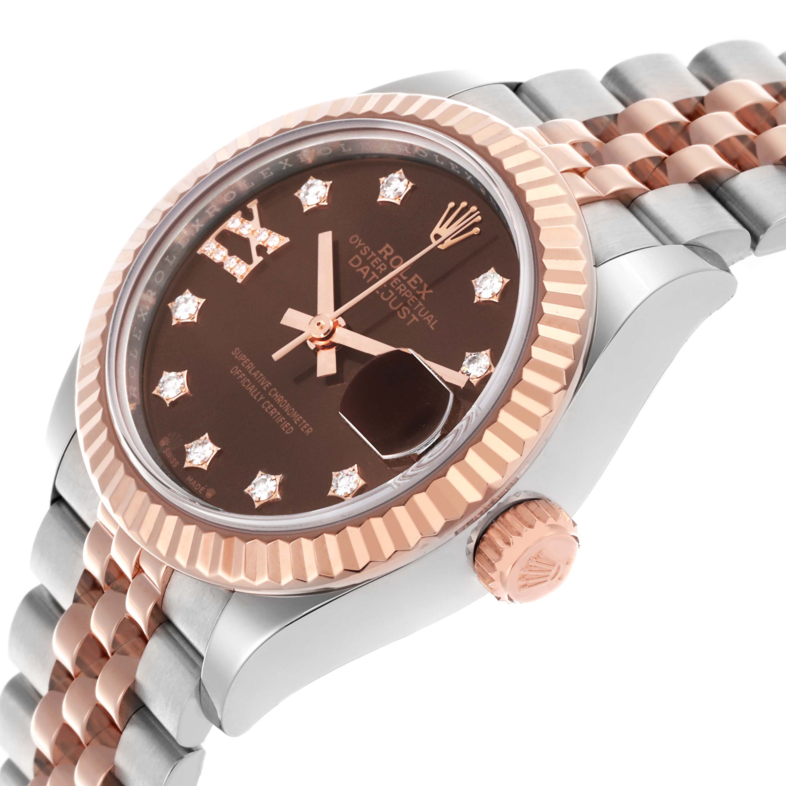 The Rolex Datejust 279171 Women's Steel and Gold (two tone) Brown Dial 279171 Women's Steel and Gold (two tone) Brown Dial watch is shown at a three-quarter angle, highlighting its face, case, bezel, and bracelet.