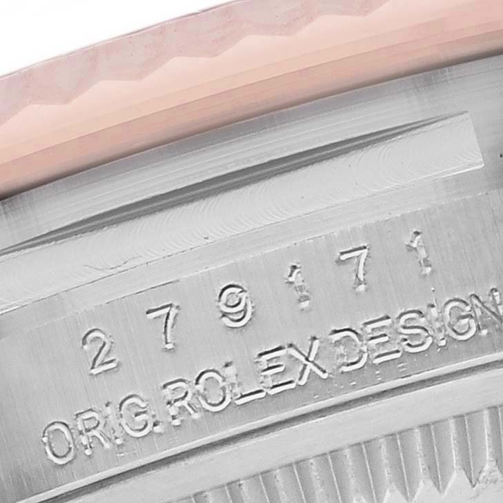 The image shows a close-up of the case side of a Rolex Datejust 279171 Women's Steel and Gold (two tone) Brown Dial 279171 Women's Steel and Gold (two tone) Brown Dial, highlighting the model number and "ORIG. ROLEX DESIGN" engraving.