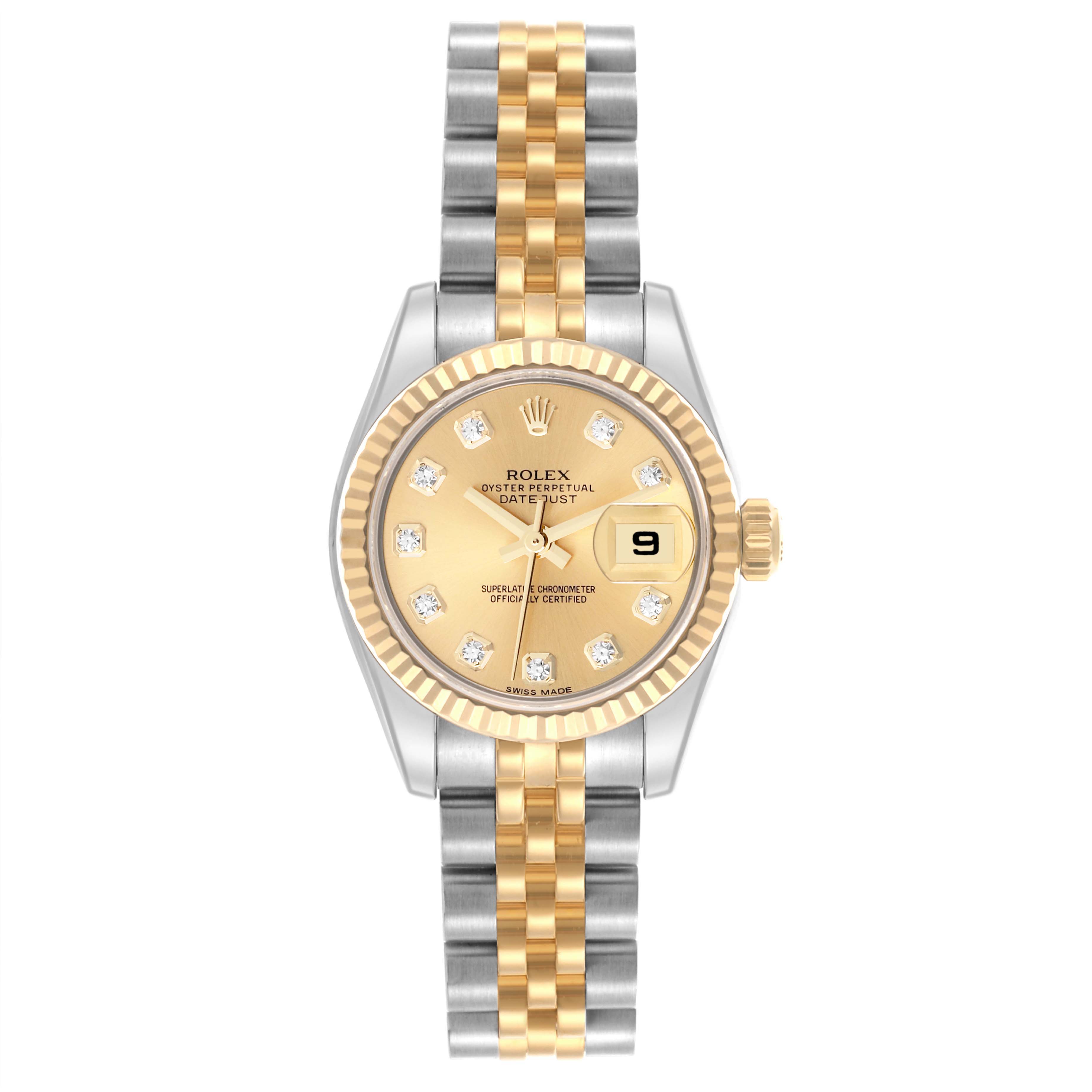The Rolex Datejust 179173 Women's Steel and Gold (two tone) Champagne Dial 179173 Women's Steel and Gold (two tone) Champagne Dial watch is shown from the front, highlighting the dial, bezel, and Jubilee bracelet.