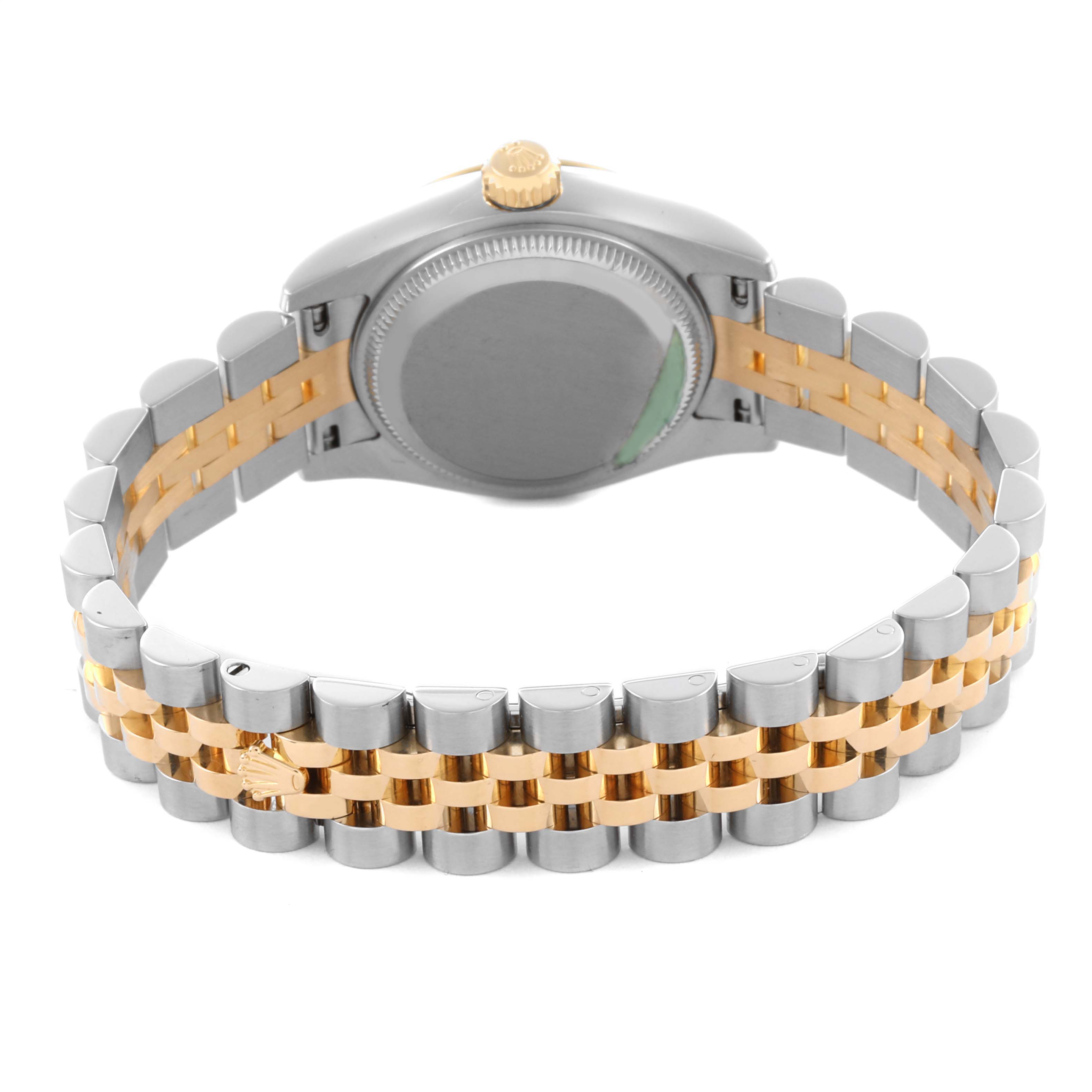 The image shows a Rolex Datejust 179173 Women's Steel and Gold (two tone) Champagne Dial 179173 Women's Steel and Gold (two tone) Champagne Dial from the back, highlighting the bracelet and clasp in steel and gold.