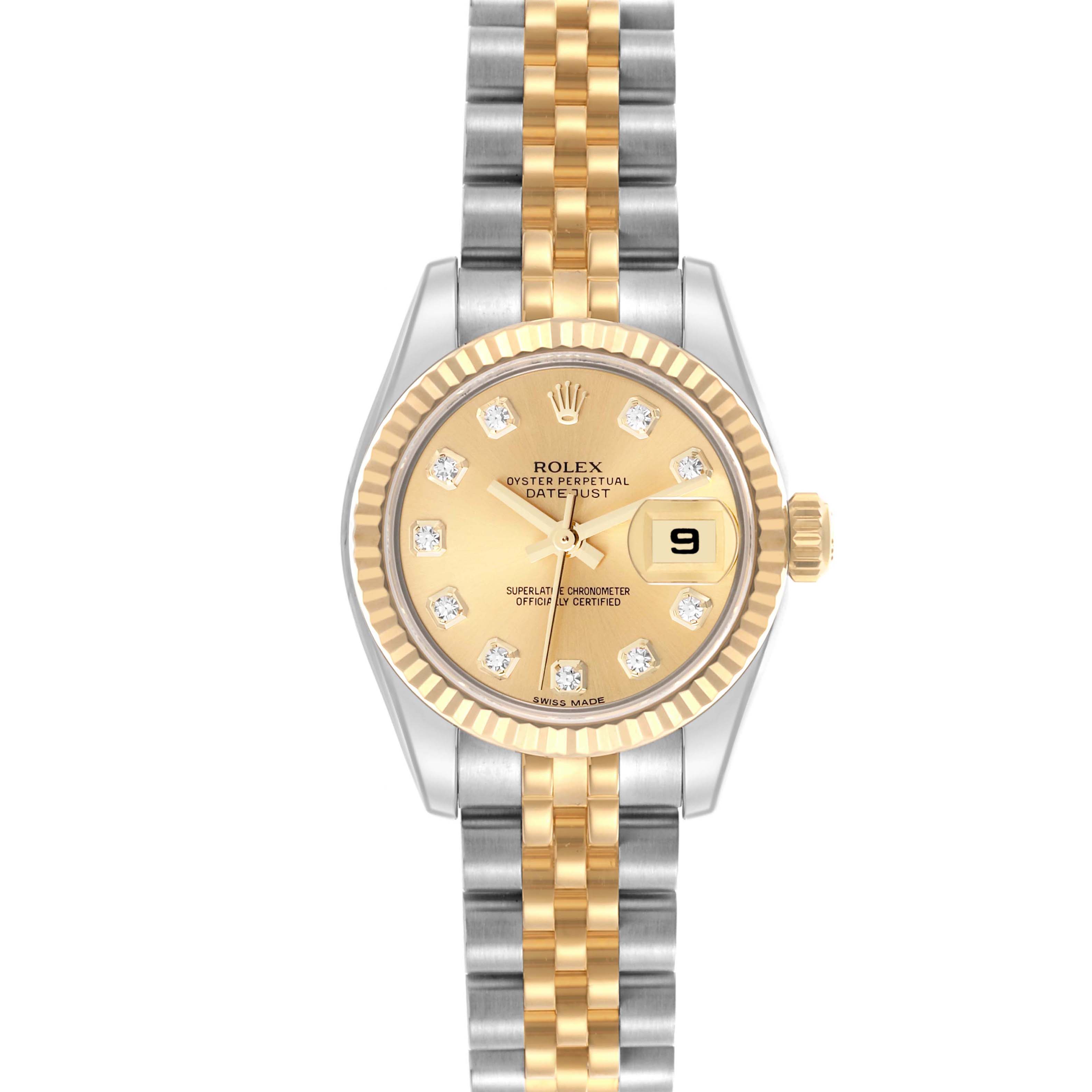 The Rolex Datejust 179173 Women's Steel and Gold (two tone) Champagne Dial 179173 Women's Steel and Gold (two tone) Champagne Dial watch is shown from a top view, displaying the dial, bracelet, bezel, and crown.