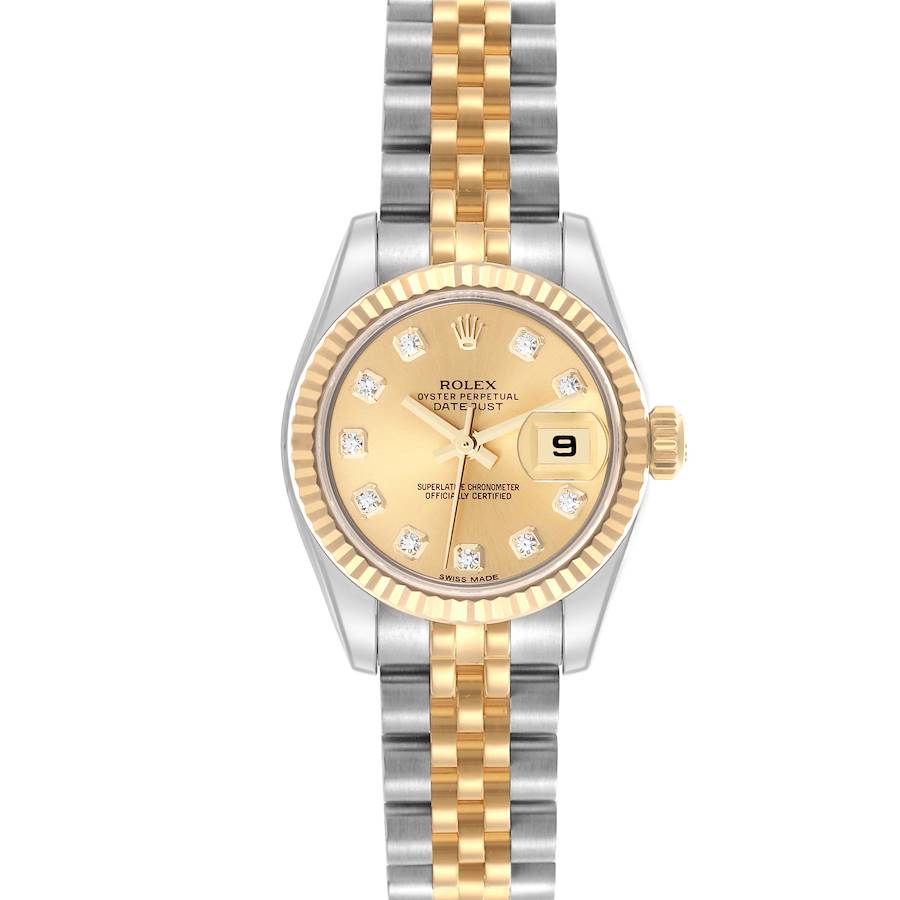 The Rolex Datejust watch is shown from a top view, displaying the dial, bracelet, bezel, and crown.