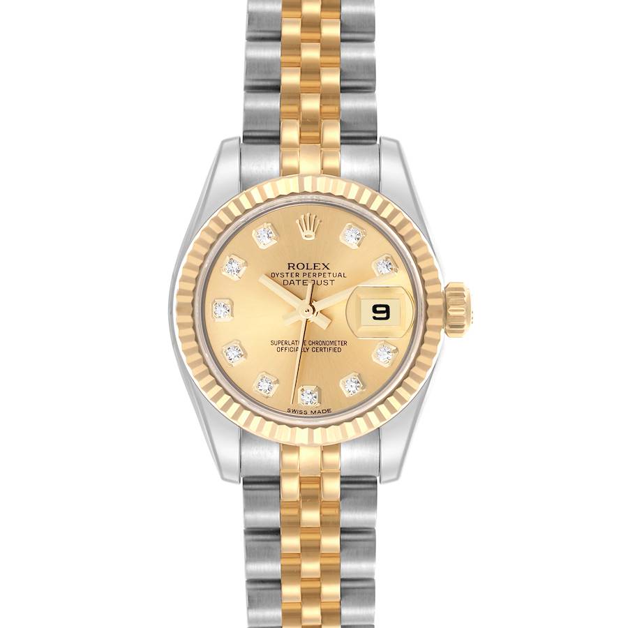 The Rolex Datejust watch is shown from a straight-on angle, highlighting its dial, bezel, and bracelet.