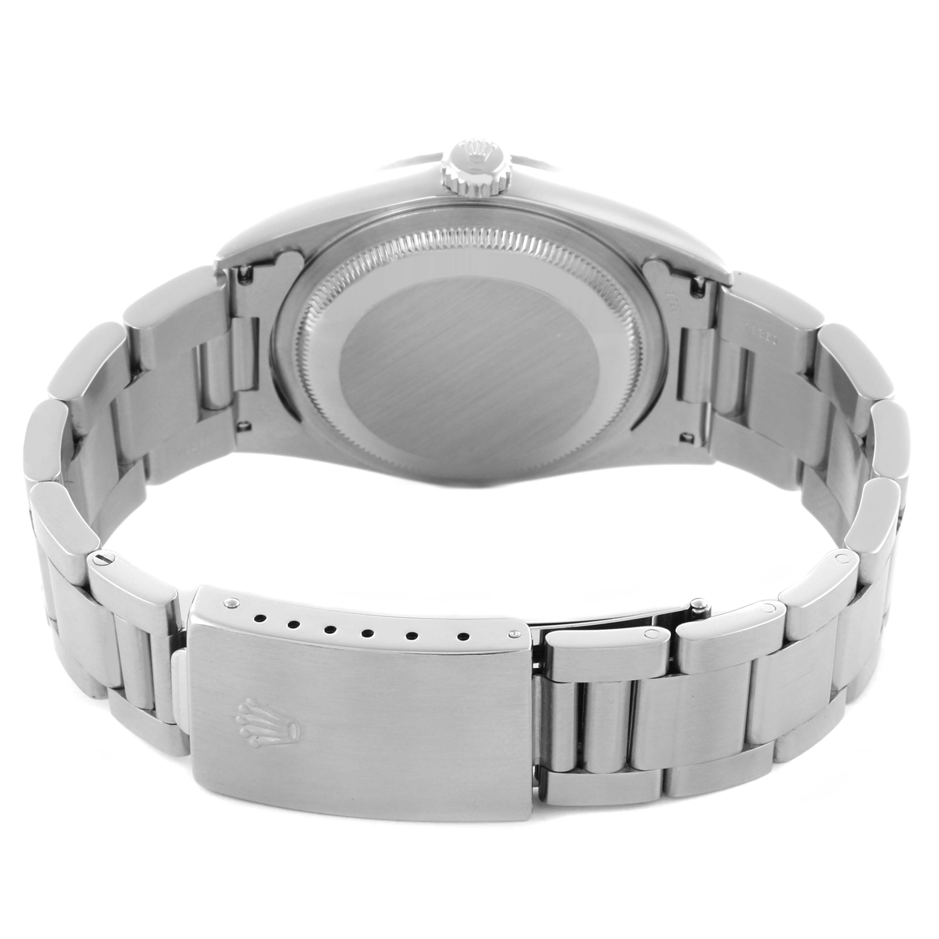 The image shows the back and bracelet of a Rolex Datejust 16220 Men's Stainless Steel Black Dial 16220 Men's Stainless Steel Black Dial, focusing on the clasp and case back.