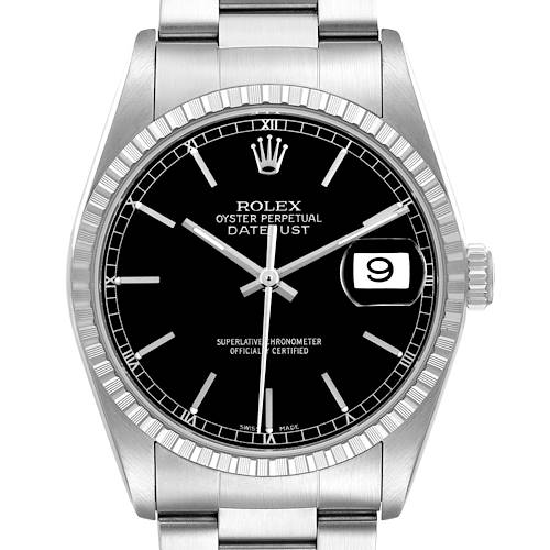 The image shows a frontal view of a Rolex Datejust 16220 Men's Stainless Steel Black Dial with a black dial, fluted bezel, and metal bracelet.