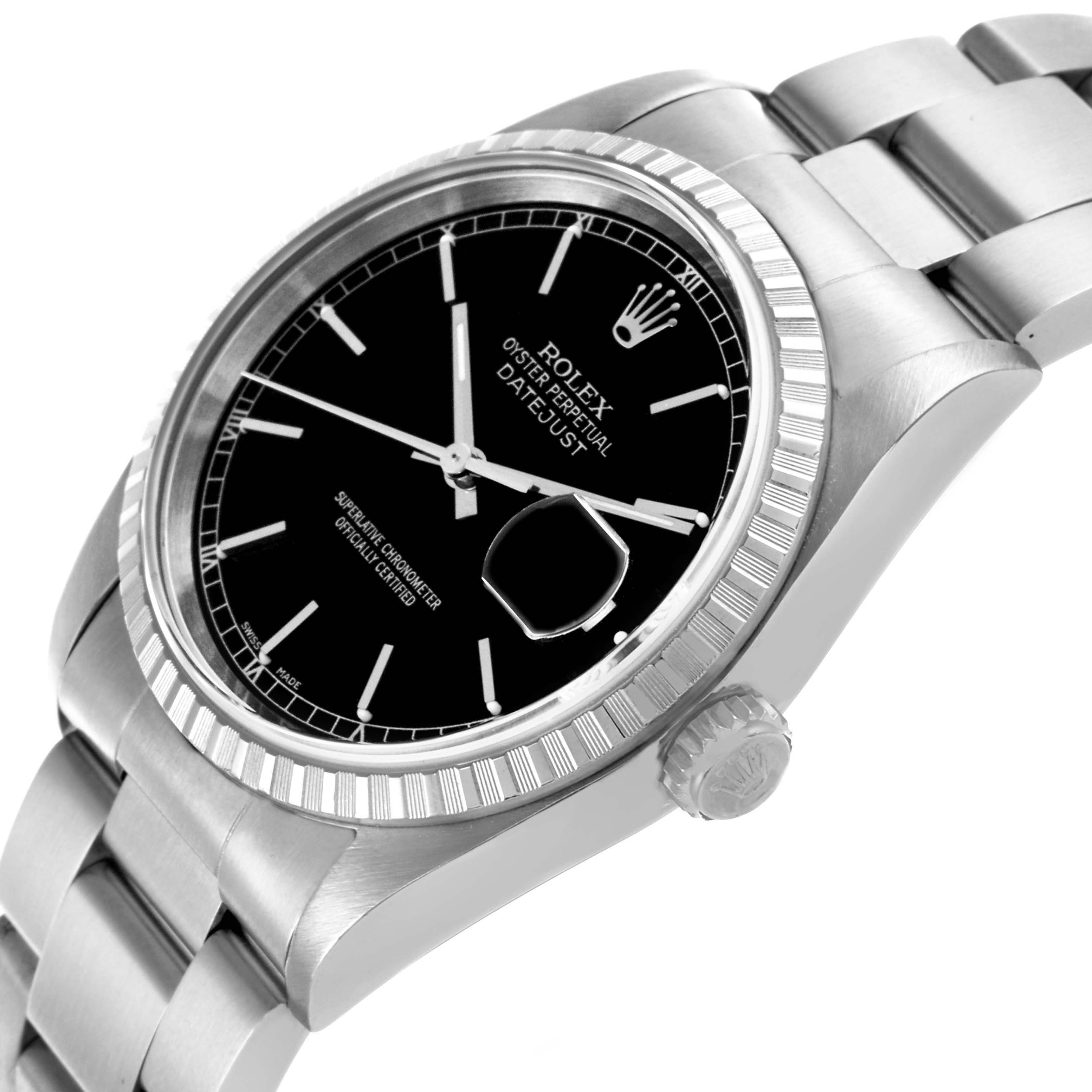 The Rolex Datejust 16220 Men's Stainless Steel Black Dial 16220 Men's Stainless Steel Black Dial watch is shown at a three-quarter angle, highlighting its dial, bezel, crown, and bracelet.
