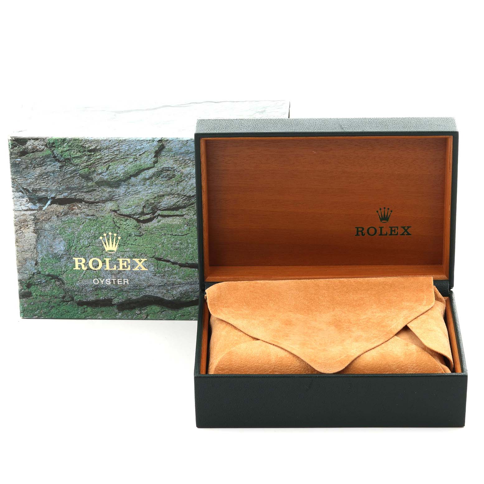 The image shows a Rolex Datejust 16220 Men's Stainless Steel Black Dial 16220 Men's Stainless Steel Black Dial watch box at an angle, featuring the outer packaging and the inner suede-covered box.