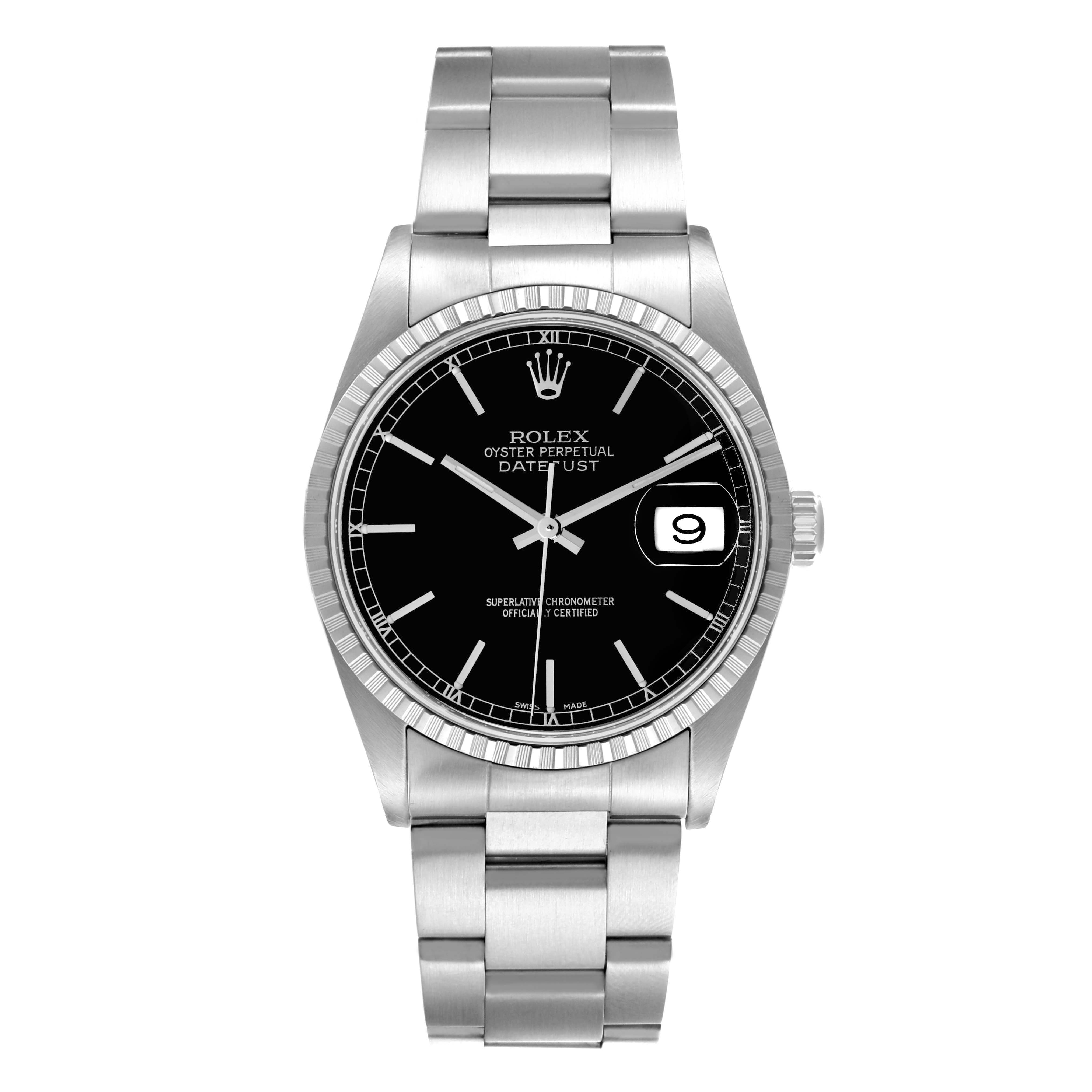 The Rolex Datejust 16220 Men's Stainless Steel Black Dial 16220 Men's Stainless Steel Black Dial is shown from a front angle, displaying the dial, hands, bezel, and bracelet.