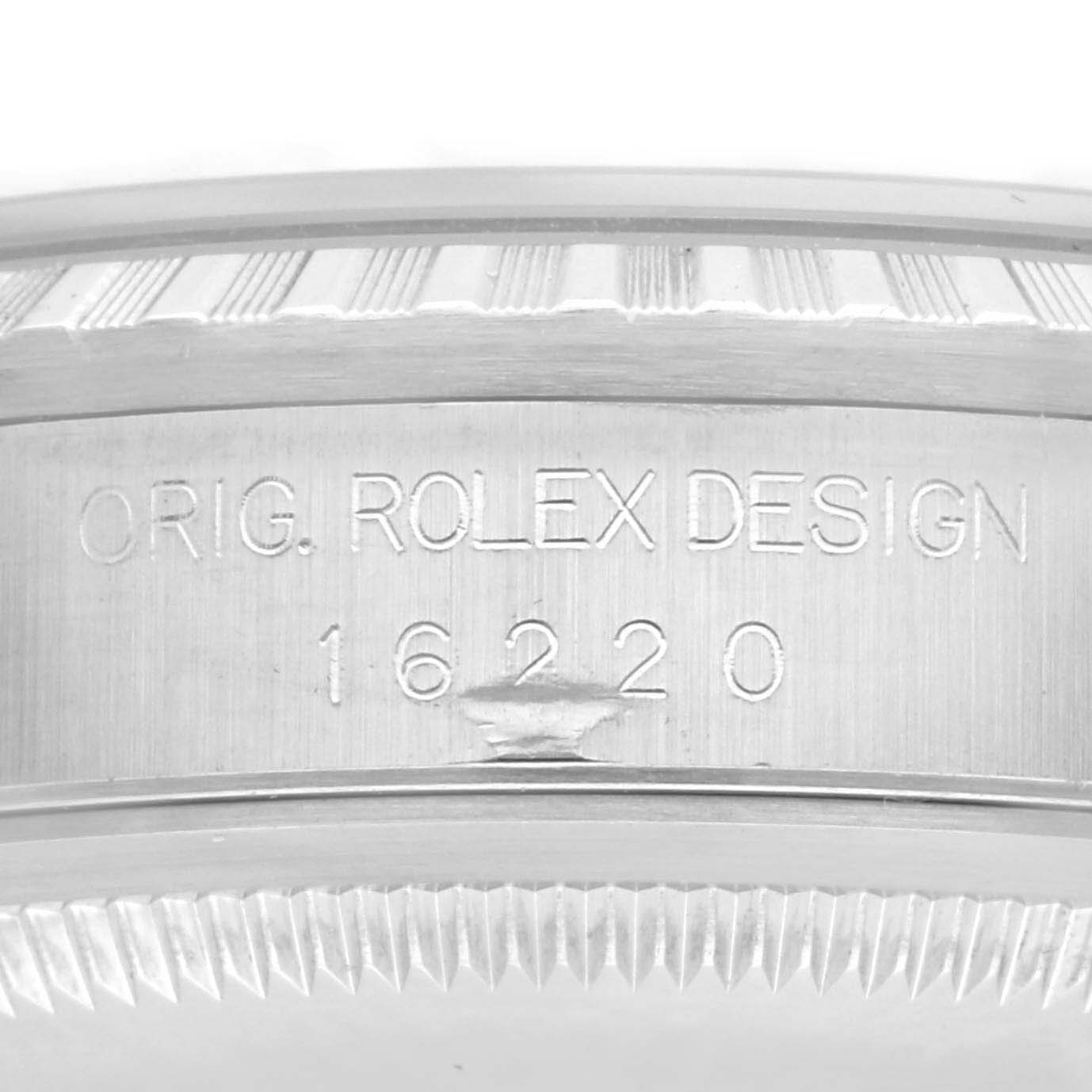 The image shows the side engraving of a Rolex Datejust 16220 Men's Stainless Steel Black Dial 16220 Men's Stainless Steel Black Dial, displaying the model number.