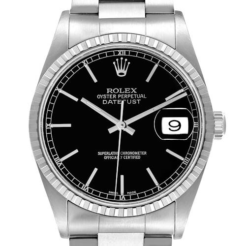 The Rolex Datejust watch is shown from a frontal view, highlighting the black dial, bezel, and bracelet.