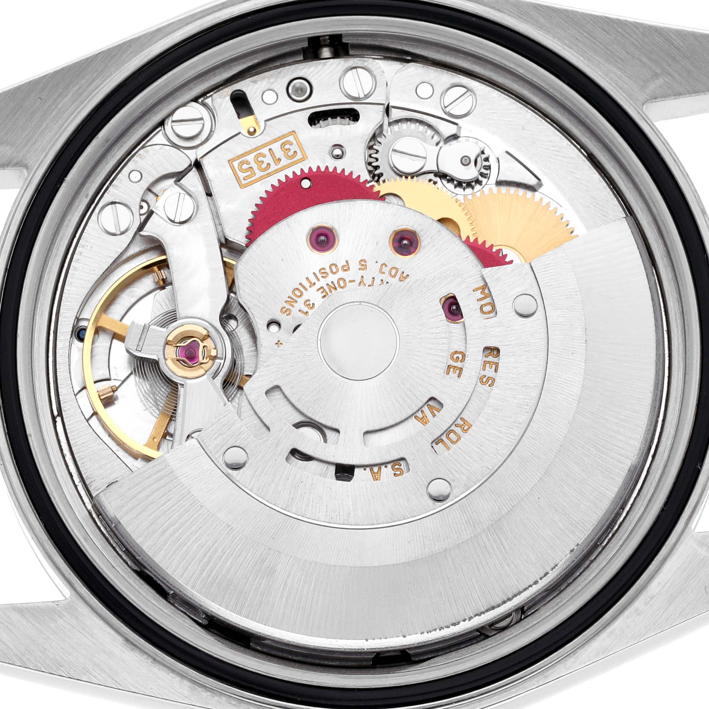 The image shows the movement mechanism of a Rolex Datejust 16220 Men's Stainless Steel Black Dial 16220 Men's Stainless Steel Black Dial watch from a top-down angle, highlighting gears and components.