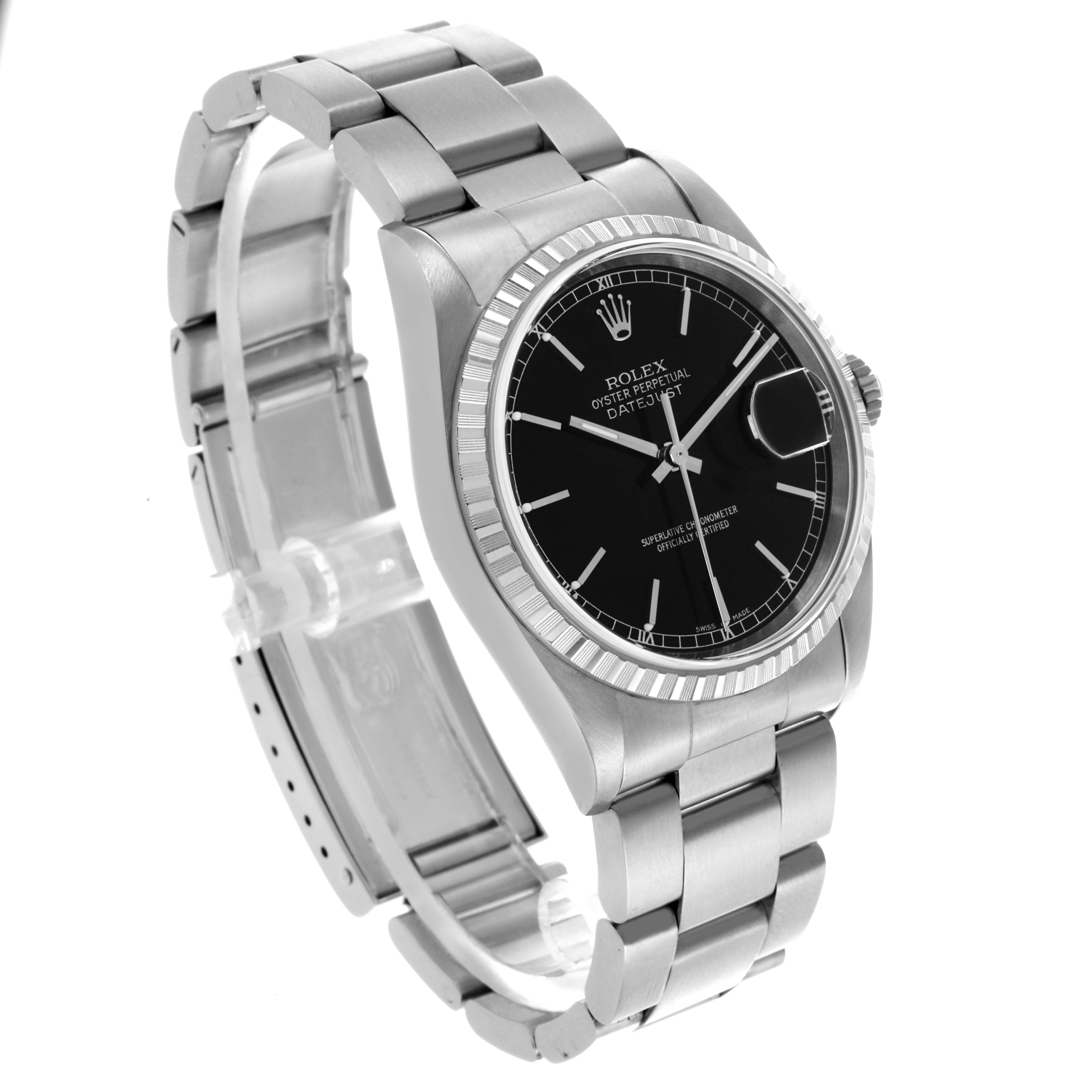 The Rolex Datejust 16220 Men's Stainless Steel Black Dial 16220 Men's Stainless Steel Black Dial watch is shown at a three-quarter angle, displaying the black dial, fluted bezel, bracelet, and clasp.